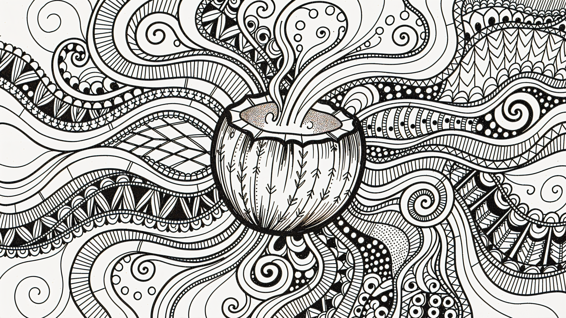 Black-and-white line-art of a coconut half with coconut water steam and ornate swirling patterns radiating outward — 4K Ultra HD PC desktop wallpaper and background.