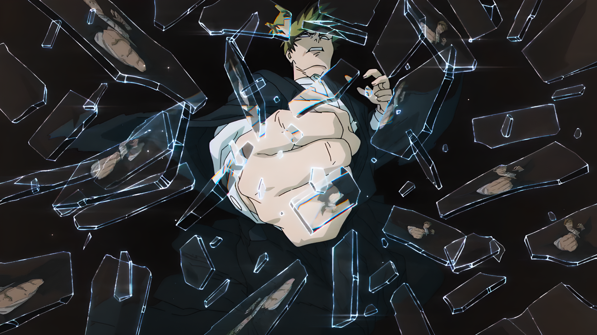 4K Ultra HD PC desktop wallpaper of Naoya Zenin (Jujutsu Kaisen 3rd Season) — anime scene of him using powers as glass shards explode outward against a dark backdrop.