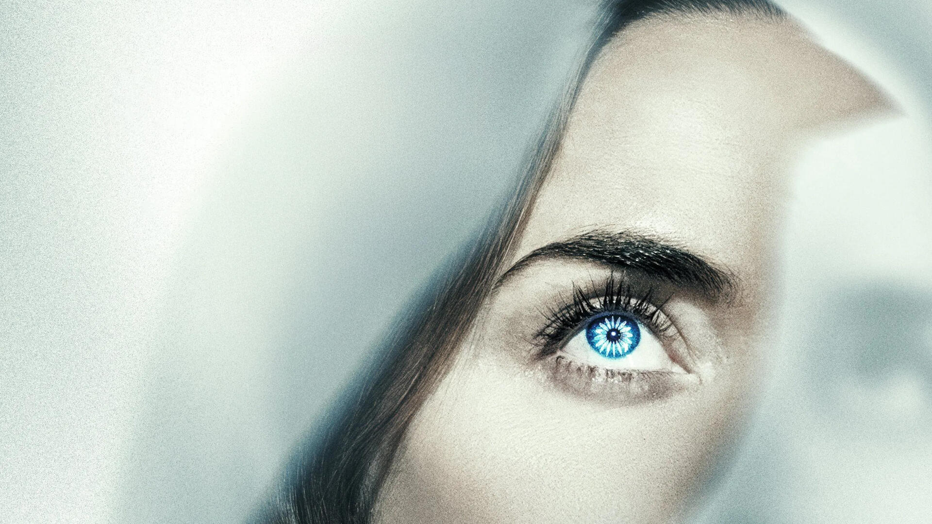 Disclosure Day — 4K Ultra HD PC desktop wallpaper and background: close-up of a luminous blue eye peering through soft white fabric and shafts of light.