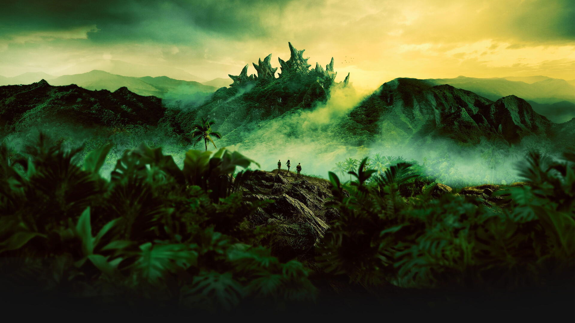 Monarch: Legacy of Monsters 4K Ultra HD PC desktop wallpaper/background — misty jungle foreground with tiny figures on a ridge, a spiked kaiju looming on a distant peak under green sky.