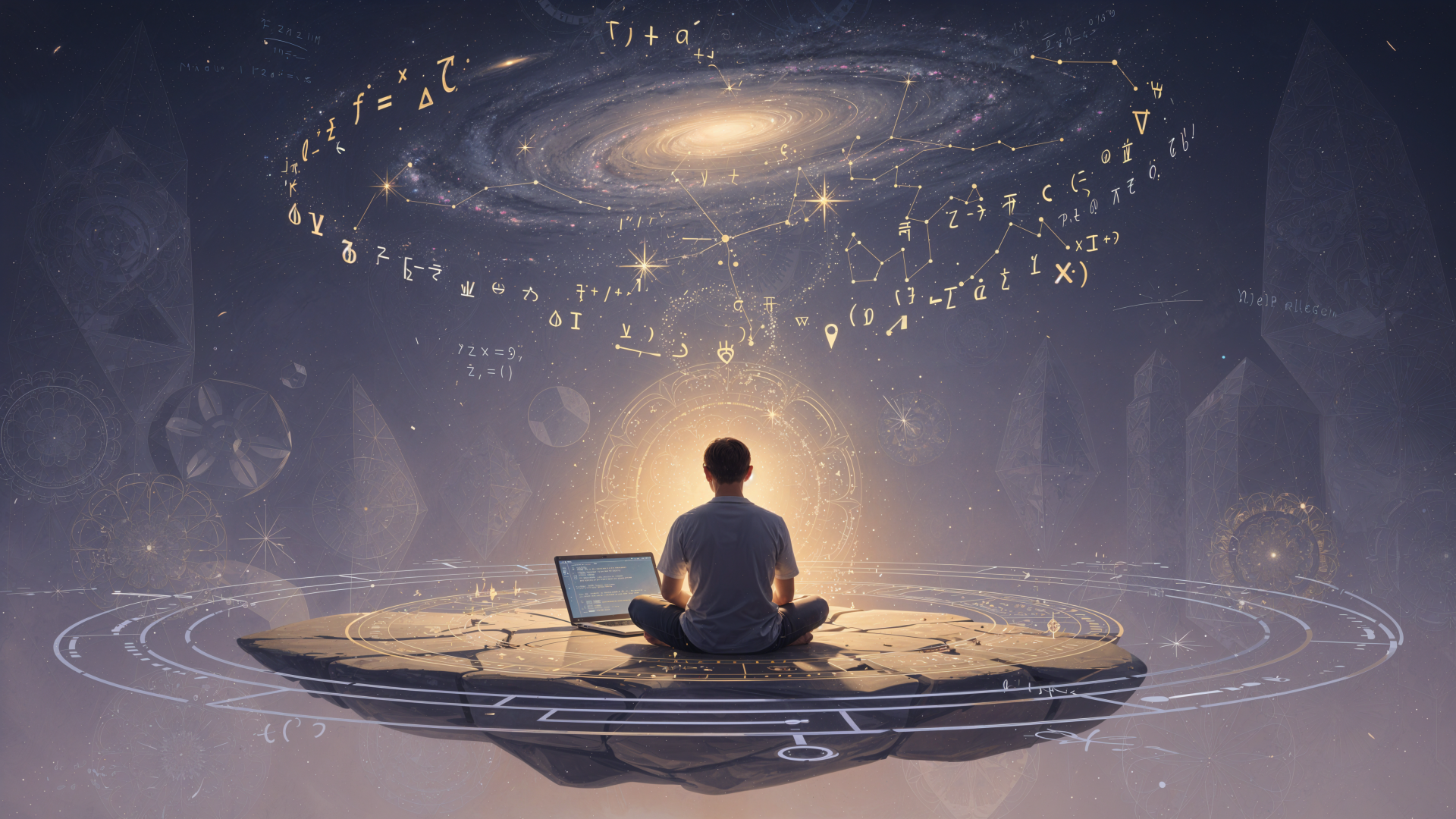 4K Ultra HD PC desktop wallpaper/background: programming scene of a lone coder at a laptop on a floating platform beneath a glowing galaxy of orbiting code and equations.