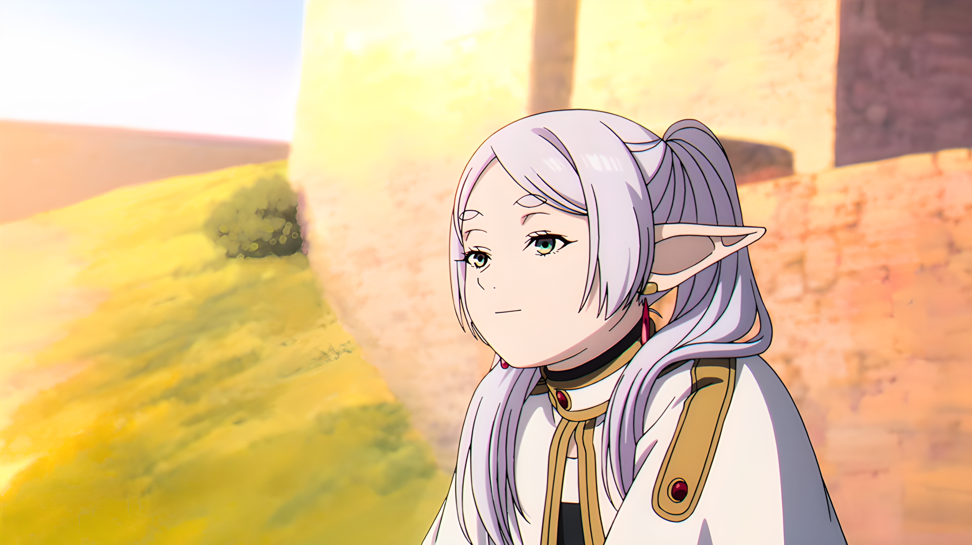Frieren: Beyond Journey's End — serene elf mage anime girl with silver hair and quiet magic, gazing over sunlit fantasy fields; 4K Ultra HD PC desktop wallpaper and background.