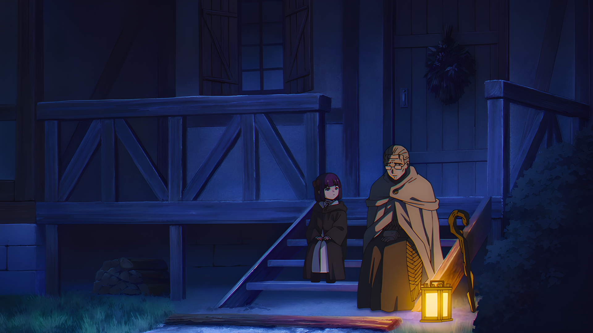 4K Ultra HD PC wallpaper: Fern and Heiter from Frieren: Beyond Journey's End stand by a glowing lantern outside a wooden village house at night in a moody blue-tinted anime scene.