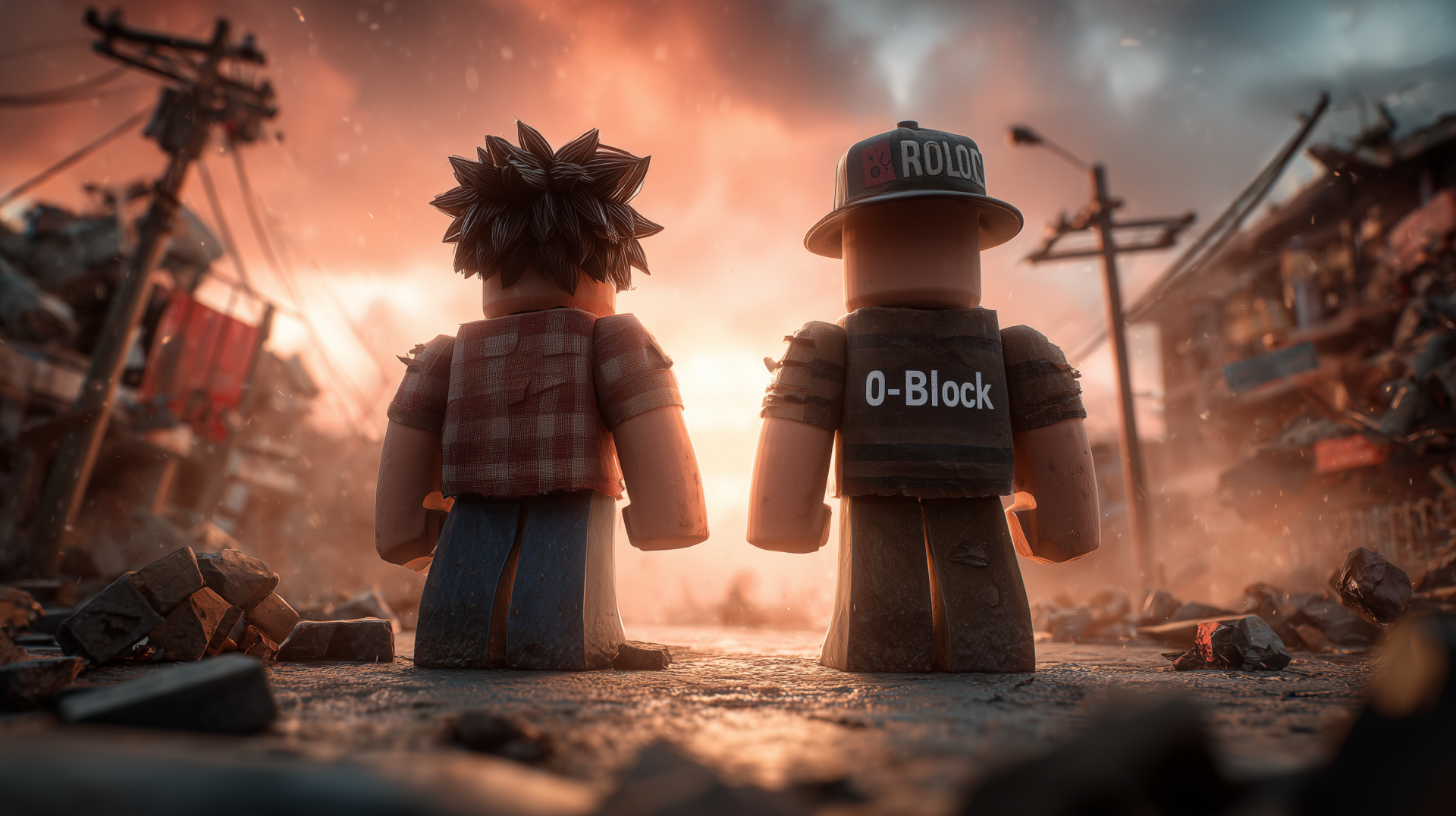 2K Quad HD PC desktop wallpaper: two Roblox roleplay avatars stand shoulder-to-shoulder facing a ruined street at sunset, gritty video game scene with dramatic warm backlight.