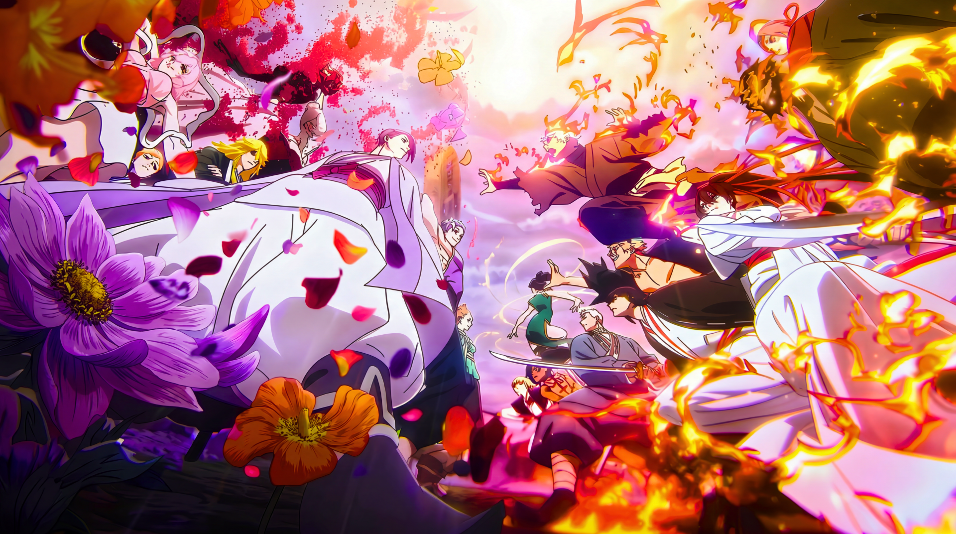 Hell's Paradise anime battle in 5K Ultra HD PC desktop wallpaper: warriors clash amid swirling petals, flames, and explosive energy across a vivid, high-detail fantasy battlefield.