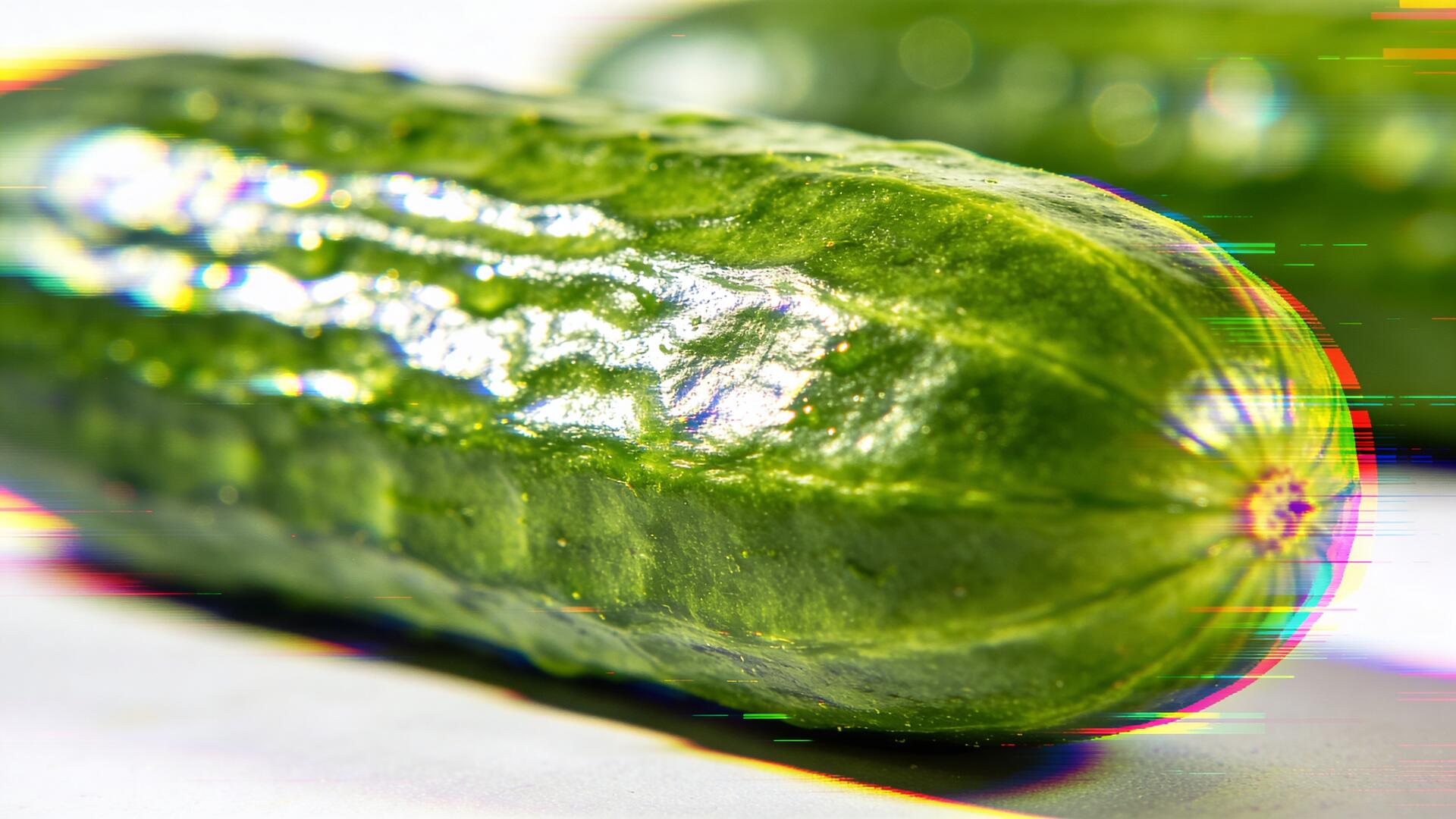 Close-up glossy cucumber with vibrant green texture and light reflections; 4K Ultra HD PC desktop wallpaper and background.