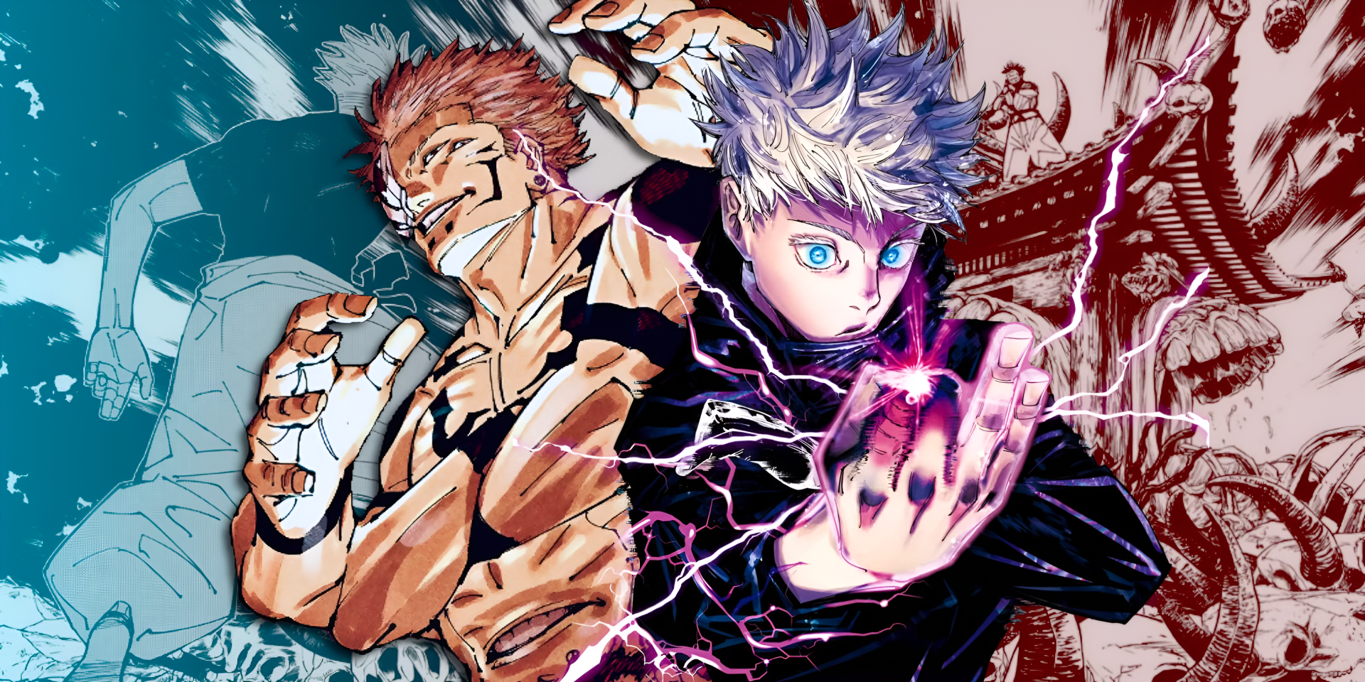 2K Quad HD PC wallpaper of Jujutsu Kaisen — Gojo vs Sukuna: Satoru Gojo fires purple energy from his palm as Sukuna snarls behind, dramatic lighting and ruined cityscape.