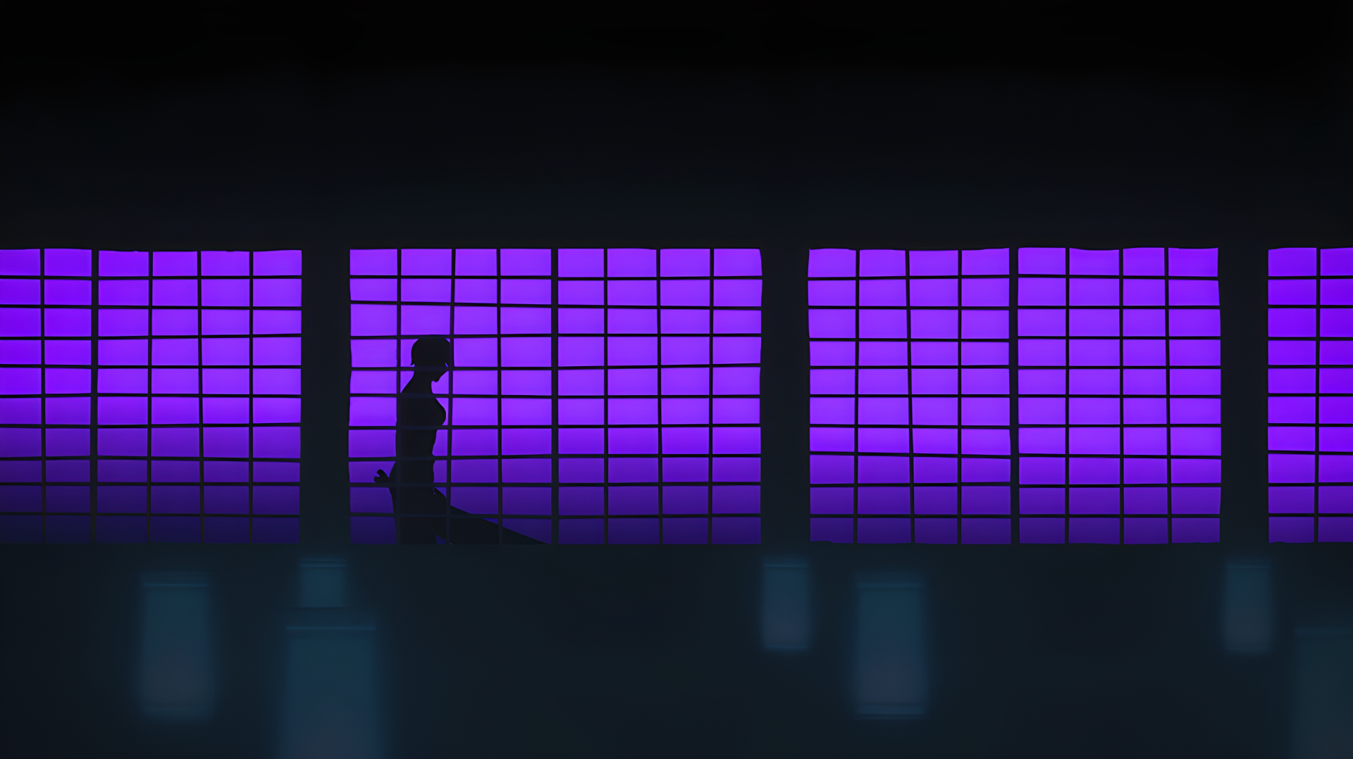 Jujutsu Kaisen 3rd Season — Maki Zenin silhouette before purple grid windows; dark aesthetic anime shadow scene, 4K Ultra HD PC desktop wallpaper/background.