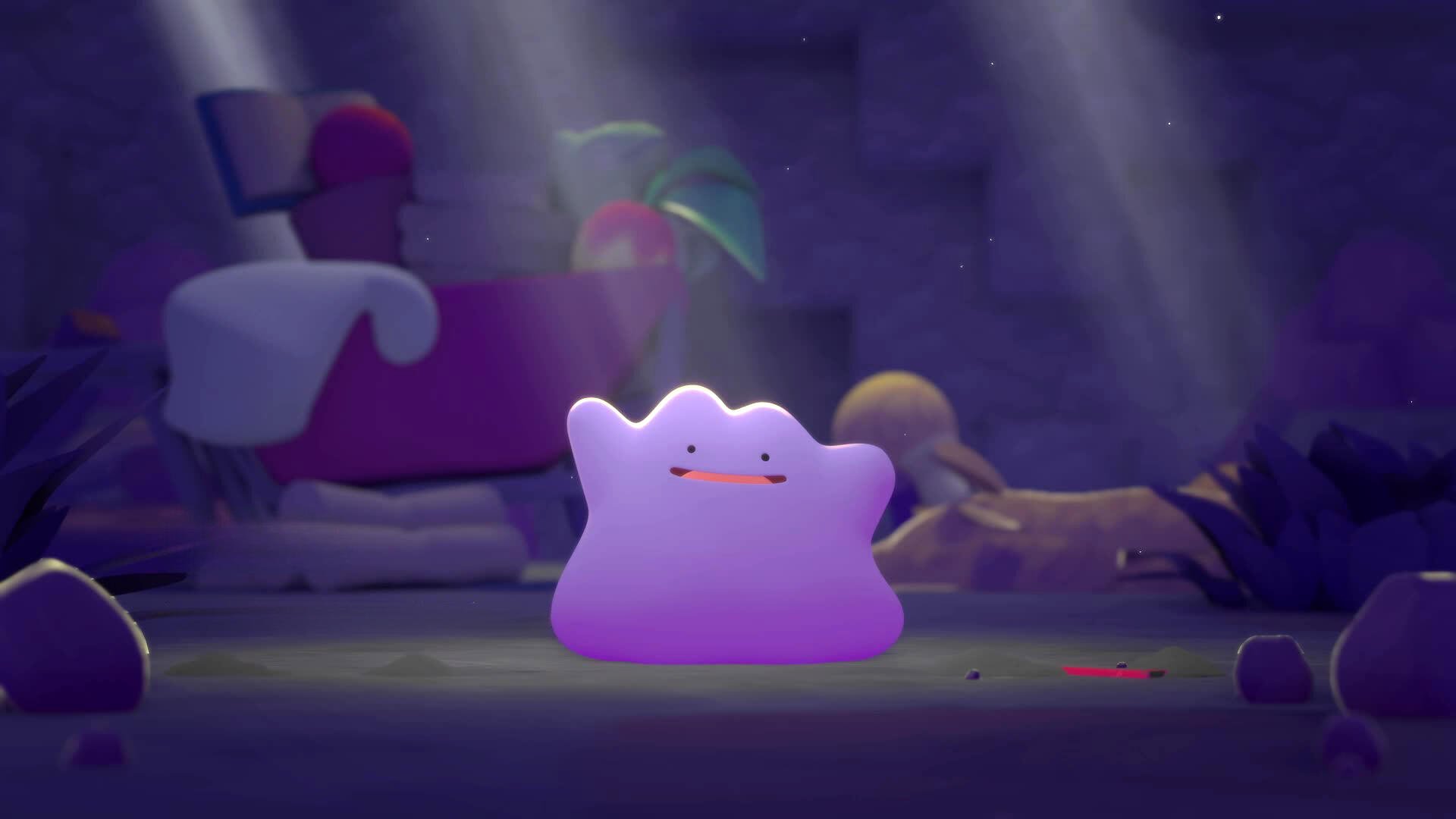 HD PC desktop wallpaper/background: Pokémon Ditto (Pokopia) glowing purple in a dim, toy-strewn room, soft beams of light highlighting its small smiling face.