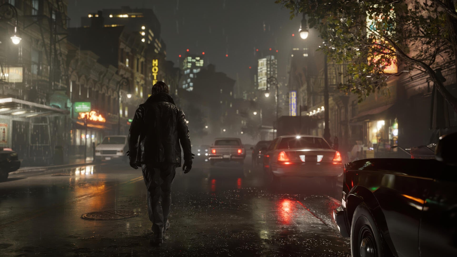 Resident Evil Requiem video game 4K Ultra HD PC wallpaper: lone figure walks a rain‑slick city street at night, car lights and neon reflecting on wet asphalt.