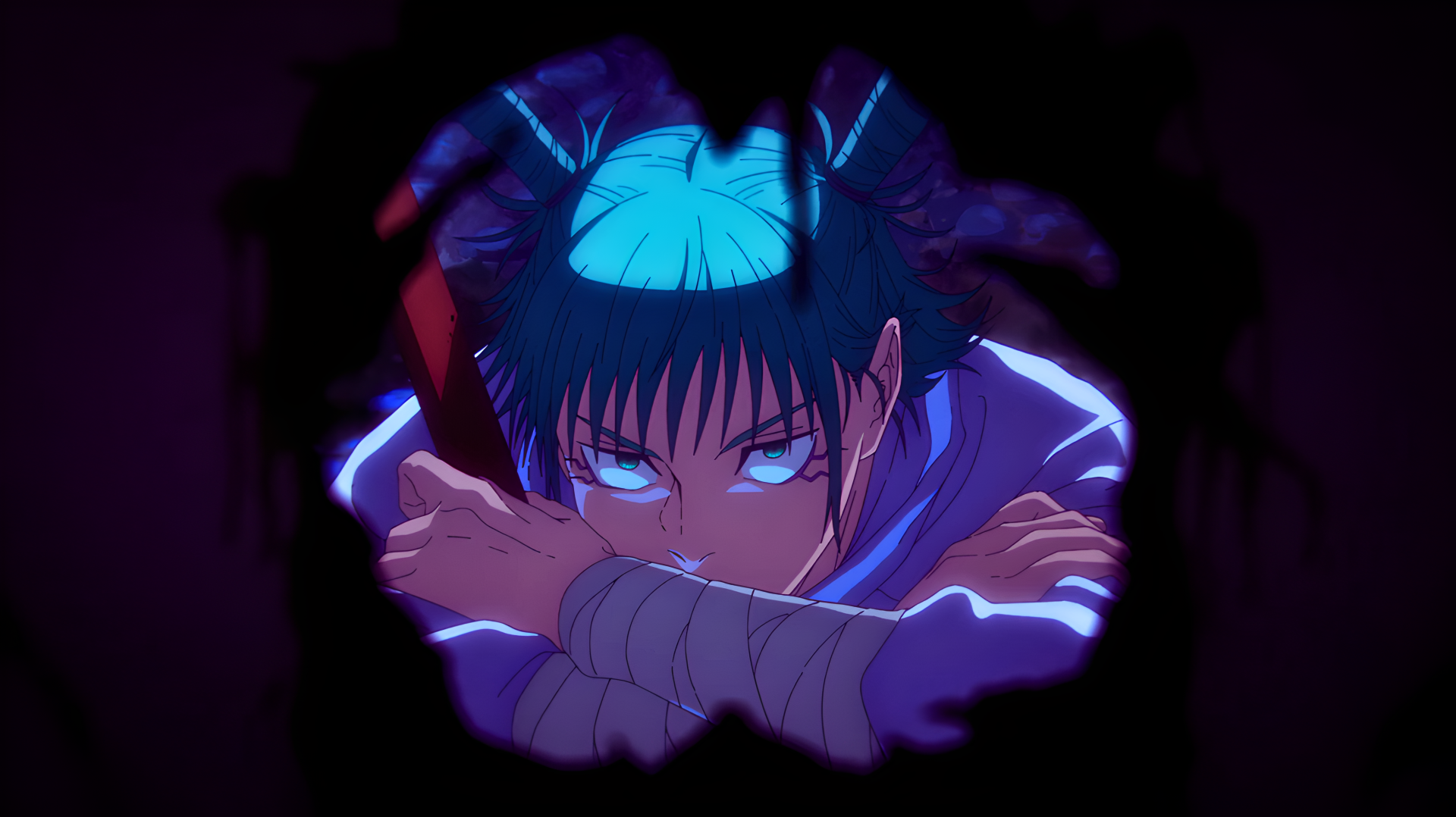 Hajime Kashimo, villainous sorcerer from Jujutsu Kaisen 3rd Season, glares with glowing eyes and horned silhouette in a dark 4K Ultra HD anime PC desktop wallpaper.