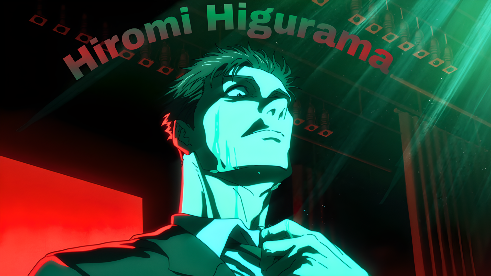 Hiromi Higuruma, protagonist from Jujutsu Kaisen 3rd Season, posed in stylized anime 4K Ultra HD PC desktop wallpaper, dramatic teal and red backlight as he tightens his tie.