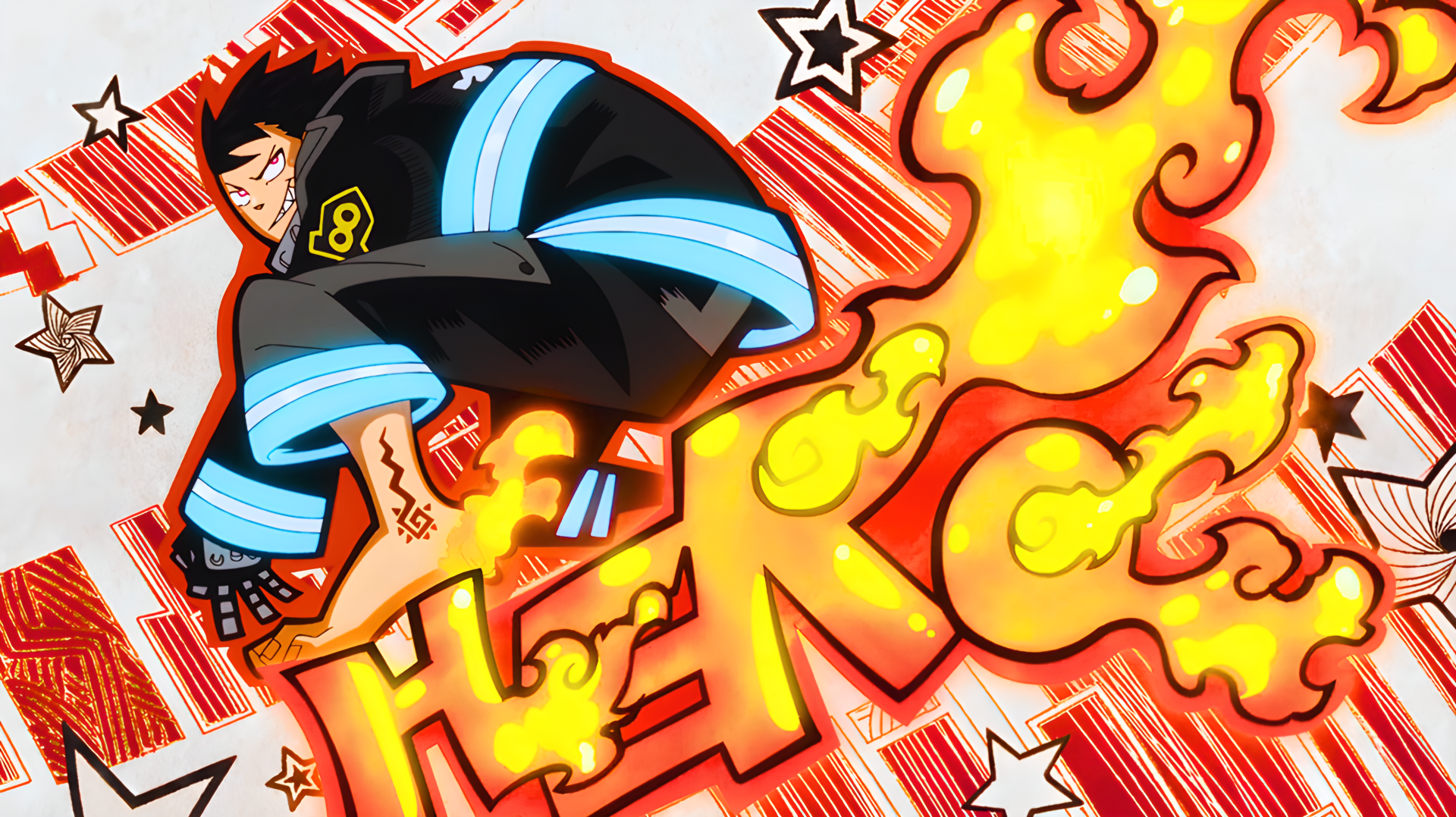 4K Ultra HD PC wallpaper of Shinra Kishitani from Fire Force: anime hero in blue-trimmed firefighter uniform leaping as stylized flames spell HERO against a vibrant comic-style background.