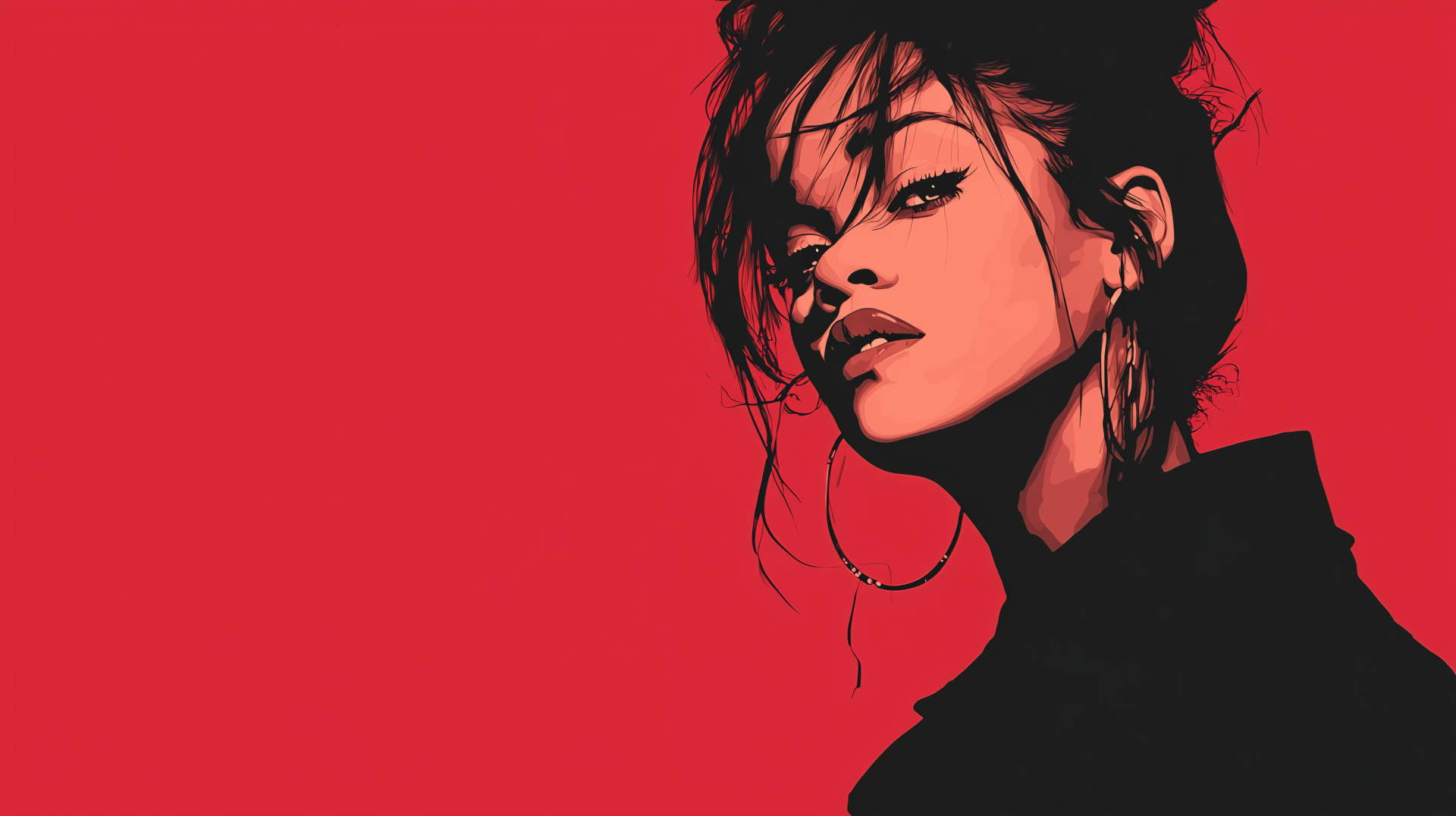 Minimalist red 2K Quad HD PC wallpaper: stylized, high-contrast portrait of a young woman with tousled hair and a hoop earring against a solid red background.