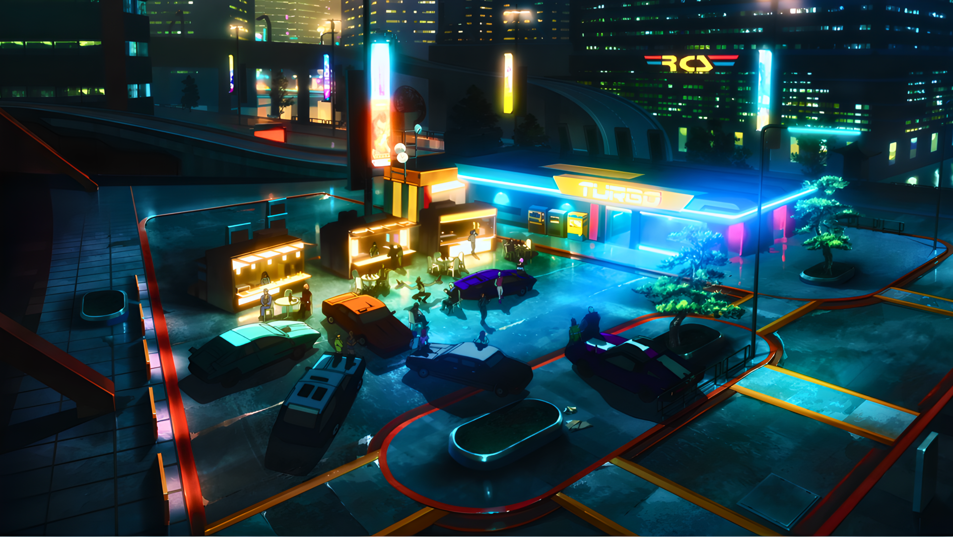 4K Ultra HD PC desktop wallpaper: anime Cyberpunk: Edgerunners-style Night City rooftop parking, neon food stalls and Pixar-esque cars bathed in blue and magenta light.