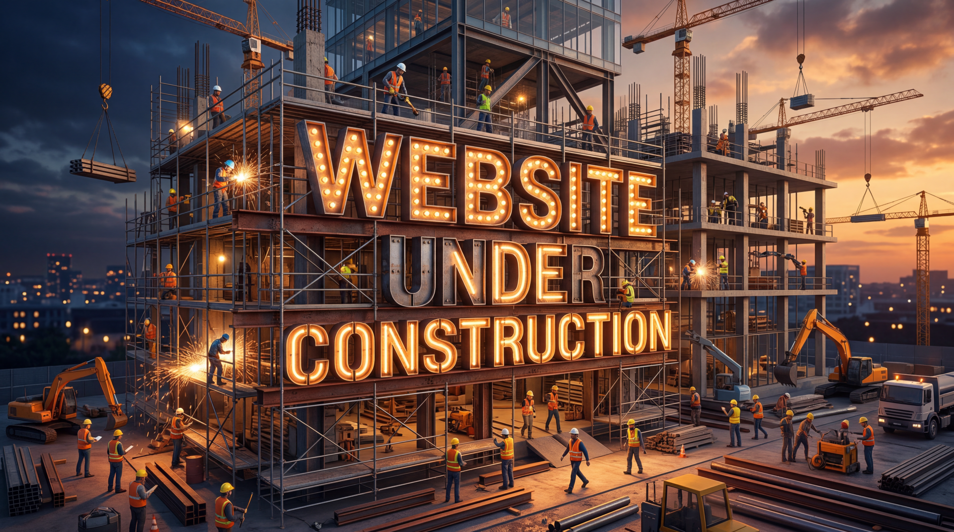 5K Ultra HD PC desktop wallpaper: illuminated 'WEBSITE UNDER CONSTRUCTION' sign on a bustling sunset construction site with cranes, scaffolding and workers.