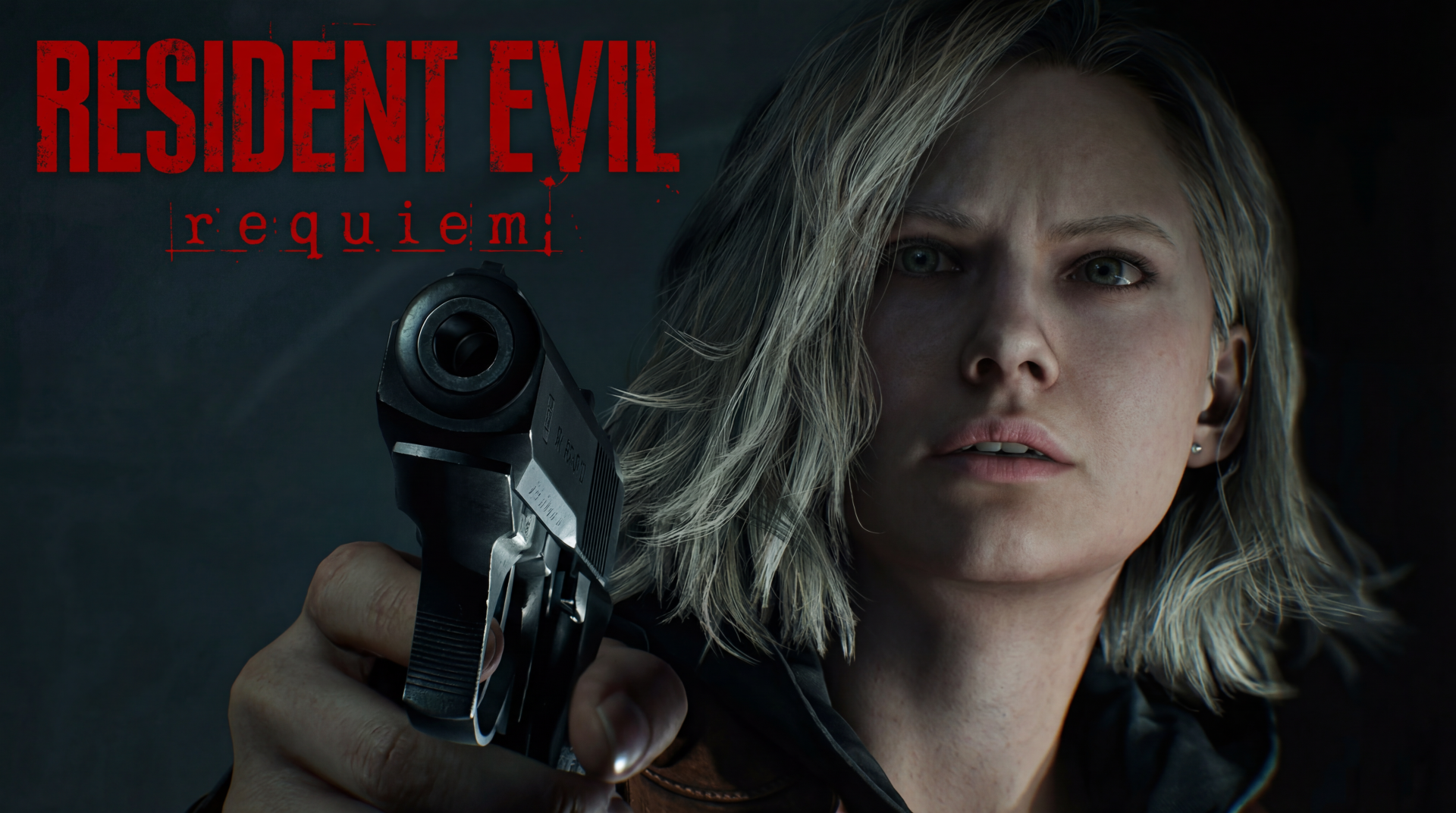 Close-up of Grace Ashcroft from Capcom's video game Resident Evil Requiem, aiming a handgun in moody horror lighting — 5K Ultra HD PC desktop wallpaper/background.