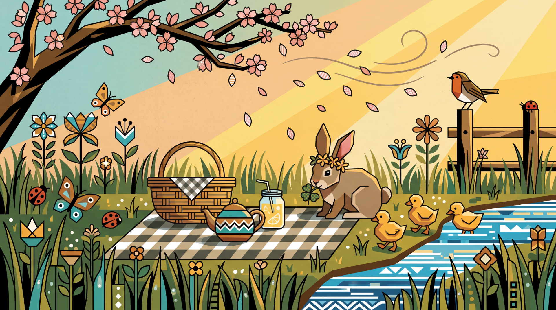 Cute spring 5K Ultra HD PC desktop wallpaper showing a picnic with a flower-crowned bunny, basket and lemonade, ducklings by a stream, blossoms and butterflies.