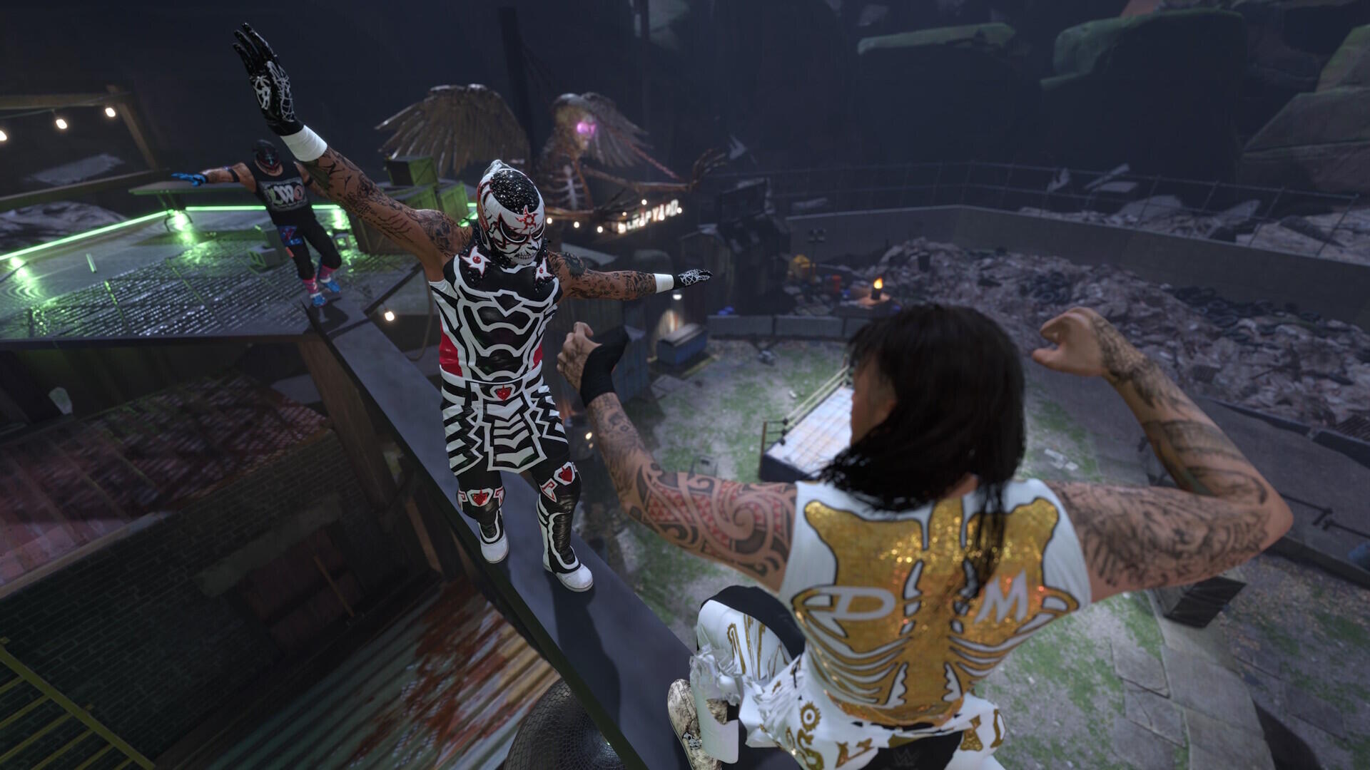 WWE 2K26 video game HD PC desktop wallpaper/background showing two masked, tattooed wrestlers battling on a rooftop ledge above a ruined cityscape.