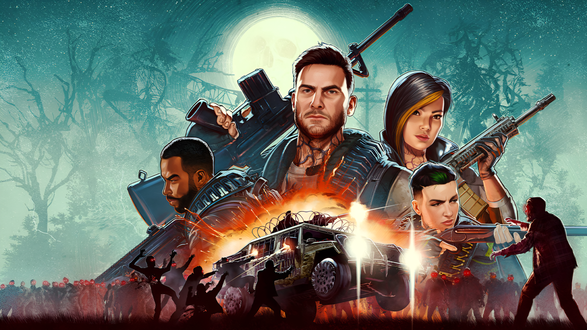 Game art for John Carpenter's Toxic Commando: four armed survivors and an armored vehicle under a full moon, surrounded by undead — 2K Quad HD PC desktop wallpaper/background.