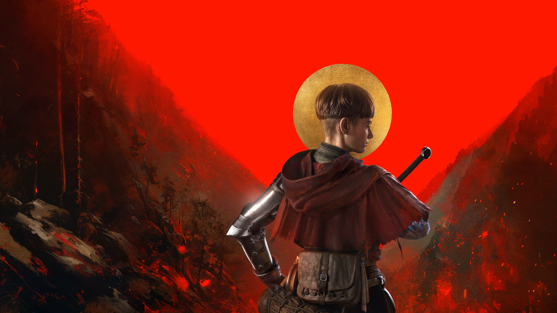 Video game 4K Ultra HD PC wallpaper: 1348 Ex Voto — a knight in red cloak and armor, sword at his back and a golden halo, stands before a blood-red ravine.