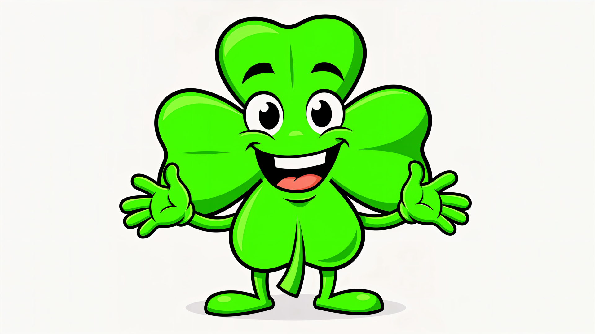 Cartoon shamrock character with smiling face and outstretched arms on a clean white background — 4K Ultra HD PC desktop wallpaper and background.