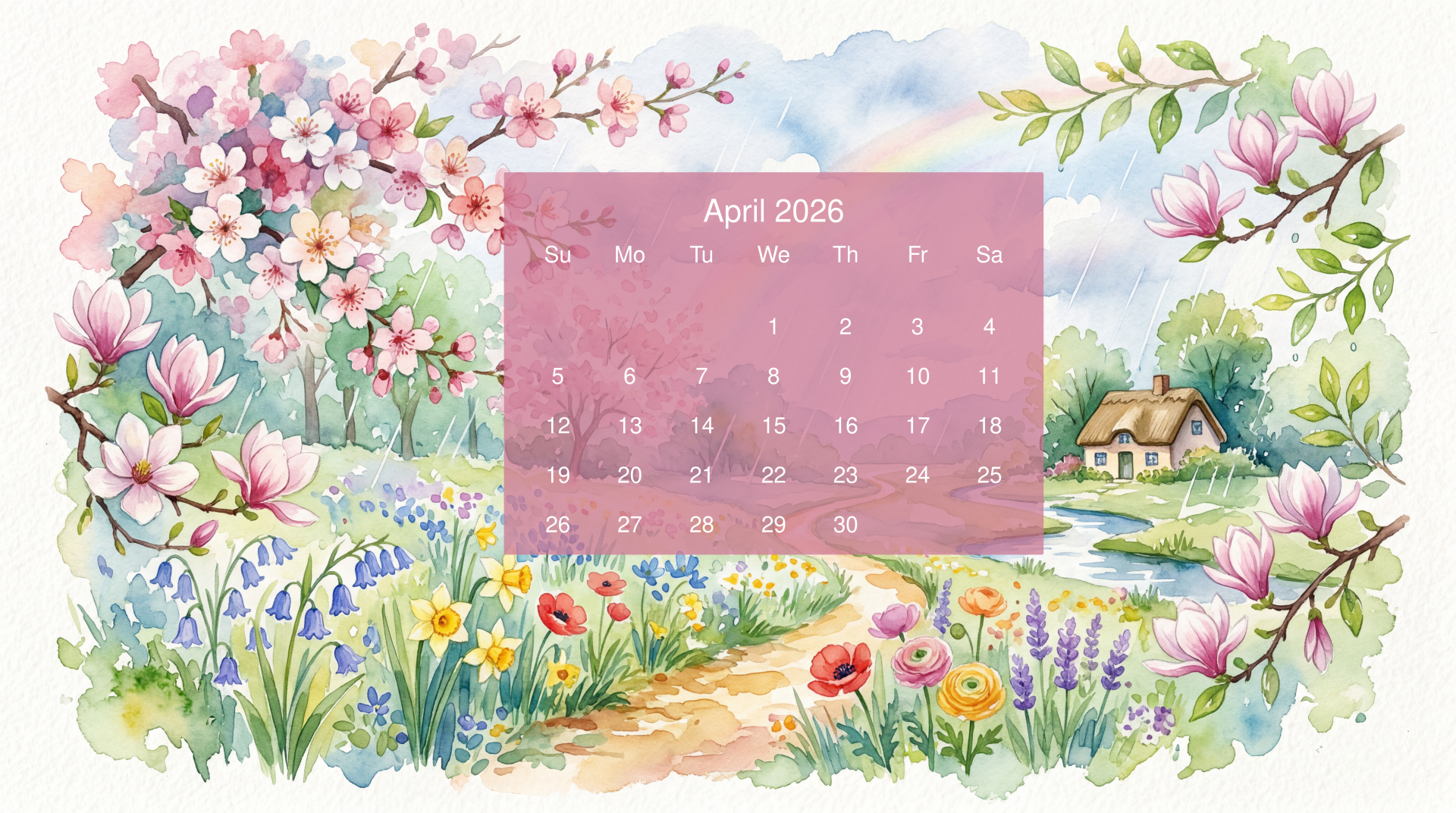 April 2026 calendar overlay on a 5K Ultra HD PC desktop wallpaper: watercolor spring scene with blooming cherry blossoms, wildflowers, a country path and a cottage