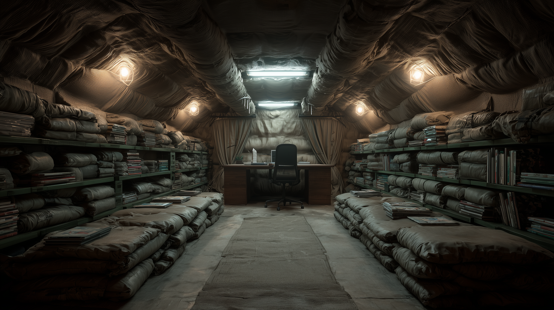 Underground post-apocalyptic military bunker interior with stacked cots and sandbag walls, central desk and chair under a skylight — 2K Quad HD PC desktop wallpaper/background.