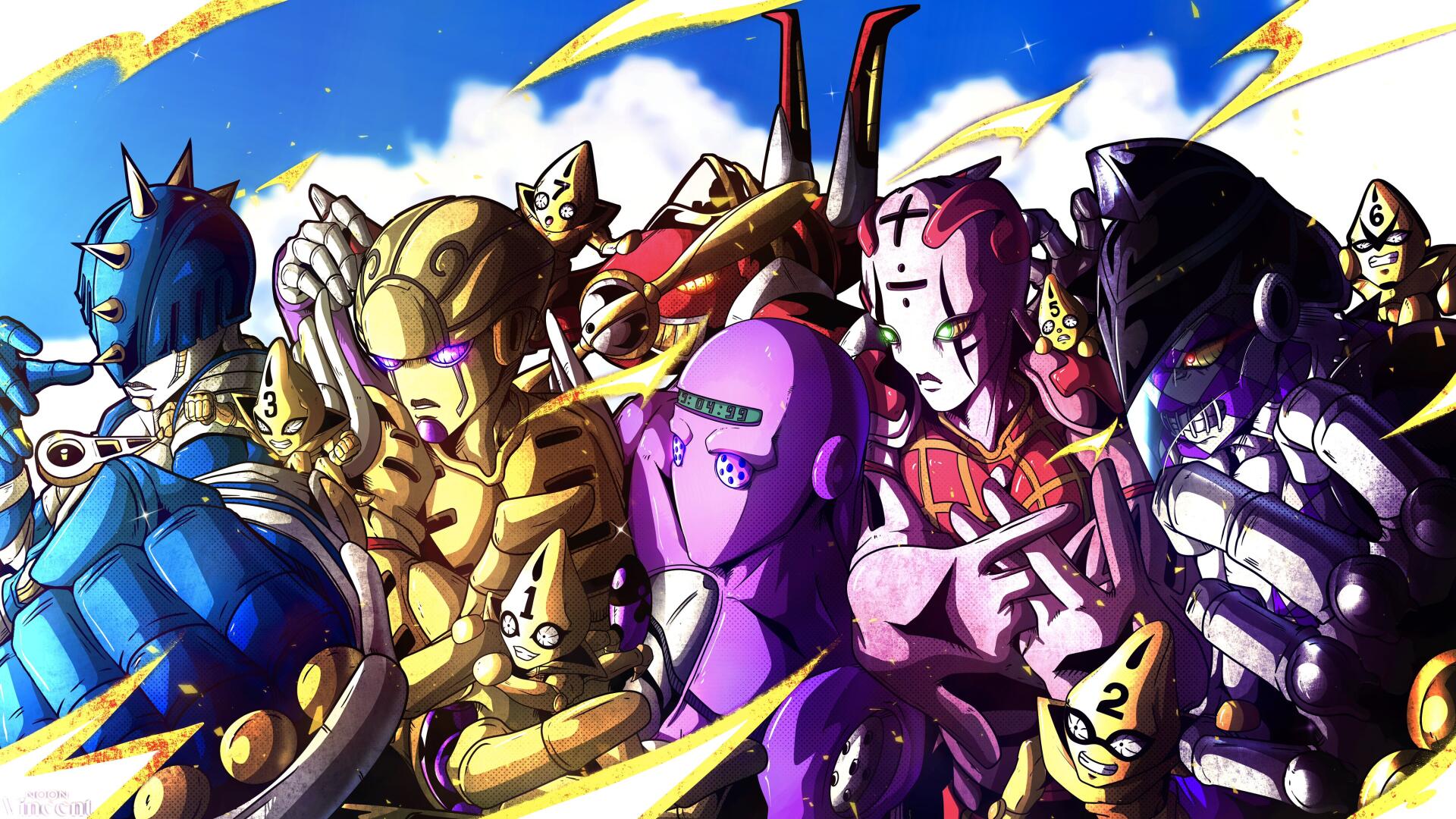 Vibrant 4K Ultra HD PC wallpaper showing a dynamic lineup of Stands from JoJo's Bizarre Adventure: Diamond Is Unbreakable beneath a bright blue sky.