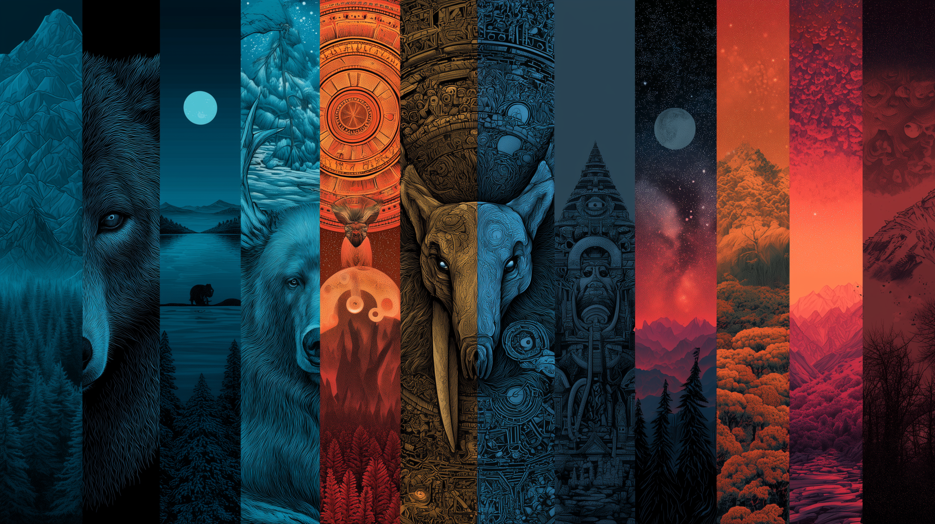 Cryptidcore psychedelic Fantasy Nature dark-fantasy collage in vertical panels: elephant skull, cryptid faces, statues and surreal landscapes — 2K Quad HD PC wallpaper/background.