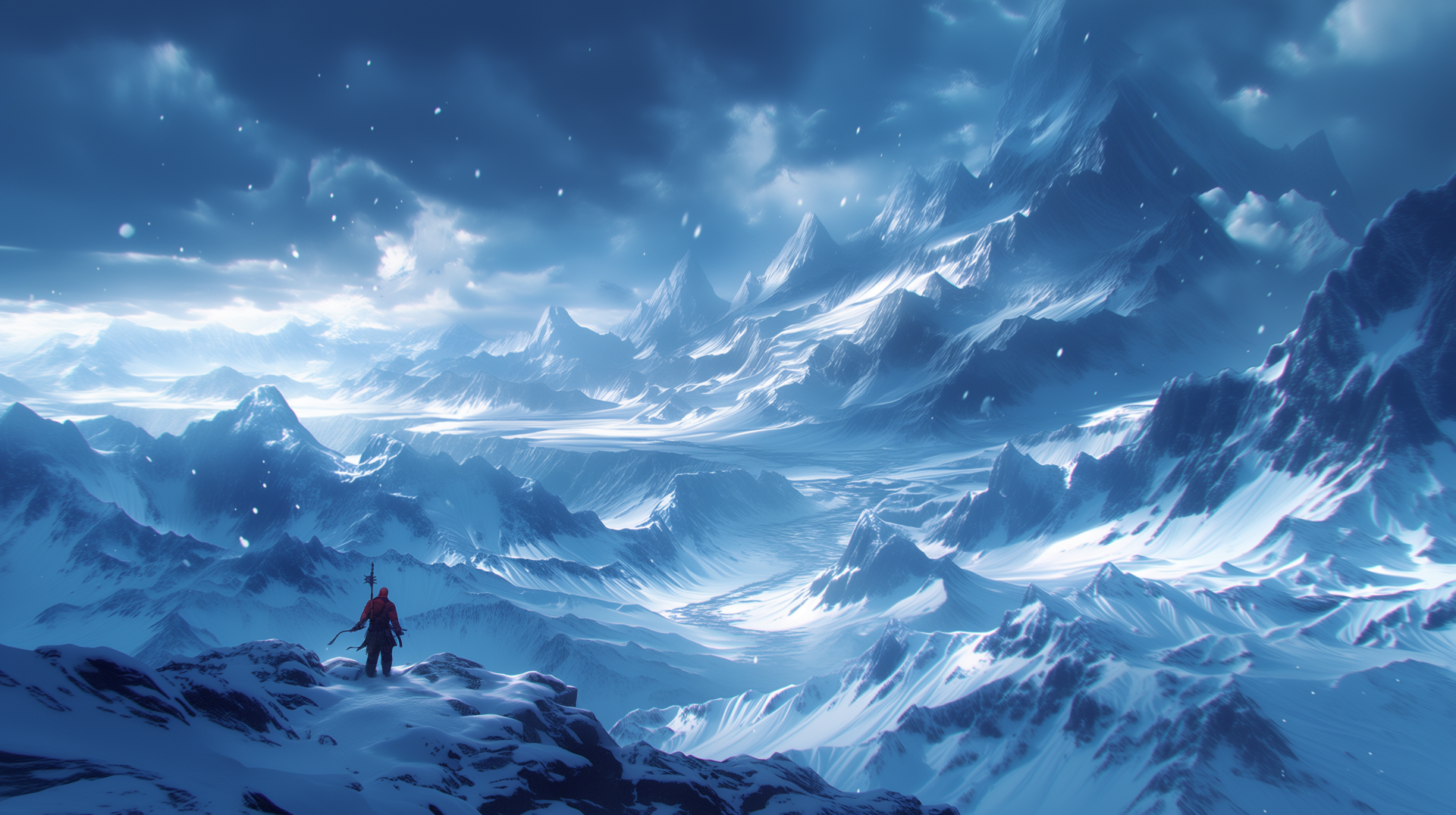 2K Quad HD anime landscape: a solitary figure on a snowy mountain ridge amid winter peaks and drifting snow, vast blue-white vistas — PC desktop wallpaper/background.