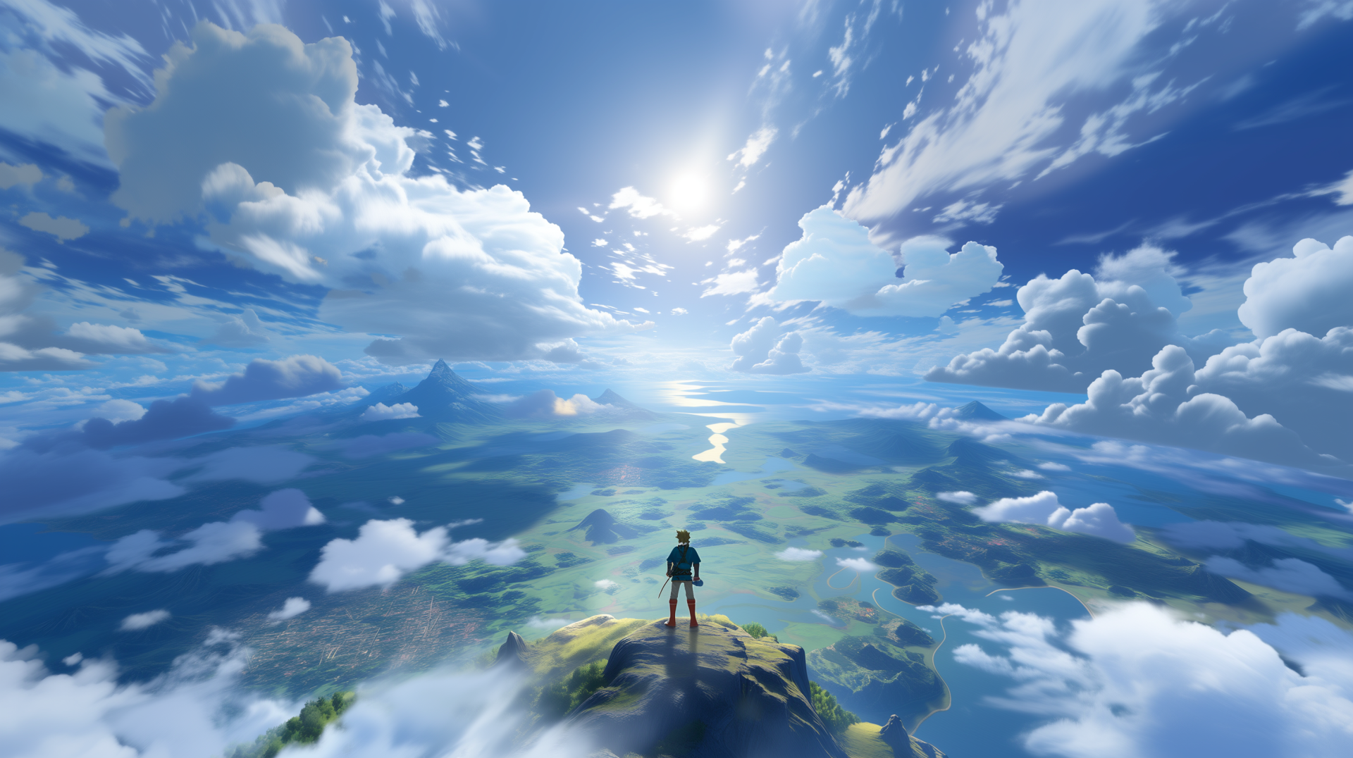 Link from The Legend of Zelda stands on a cliff overlooking a vast cloud-strewn landscape and sunlit horizon, evoking adventure and exploration — 2K Quad HD PC desktop wallpaper.