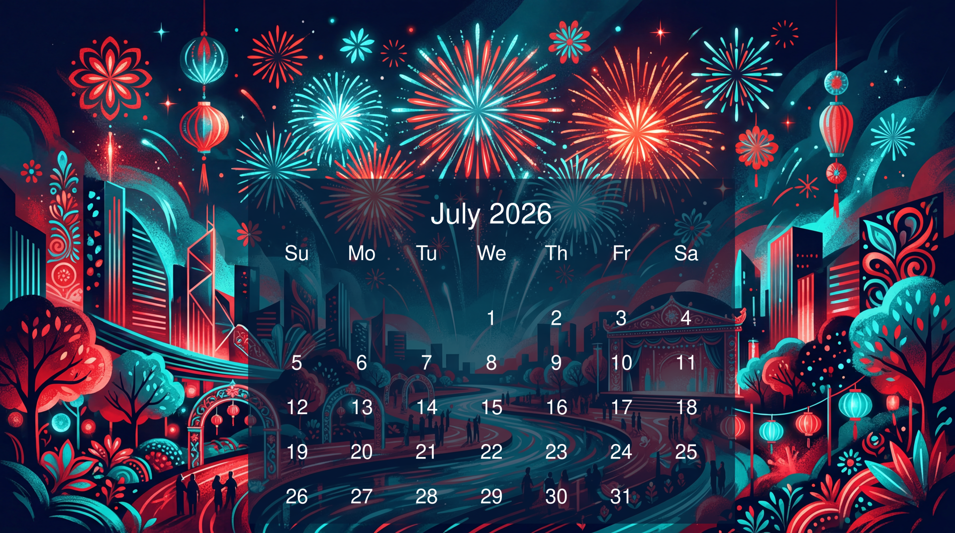 July 2026 calendar on a vibrant 5K Ultra HD PC desktop wallpaper: neon cityscape with fireworks, lanterns and decorative florals.