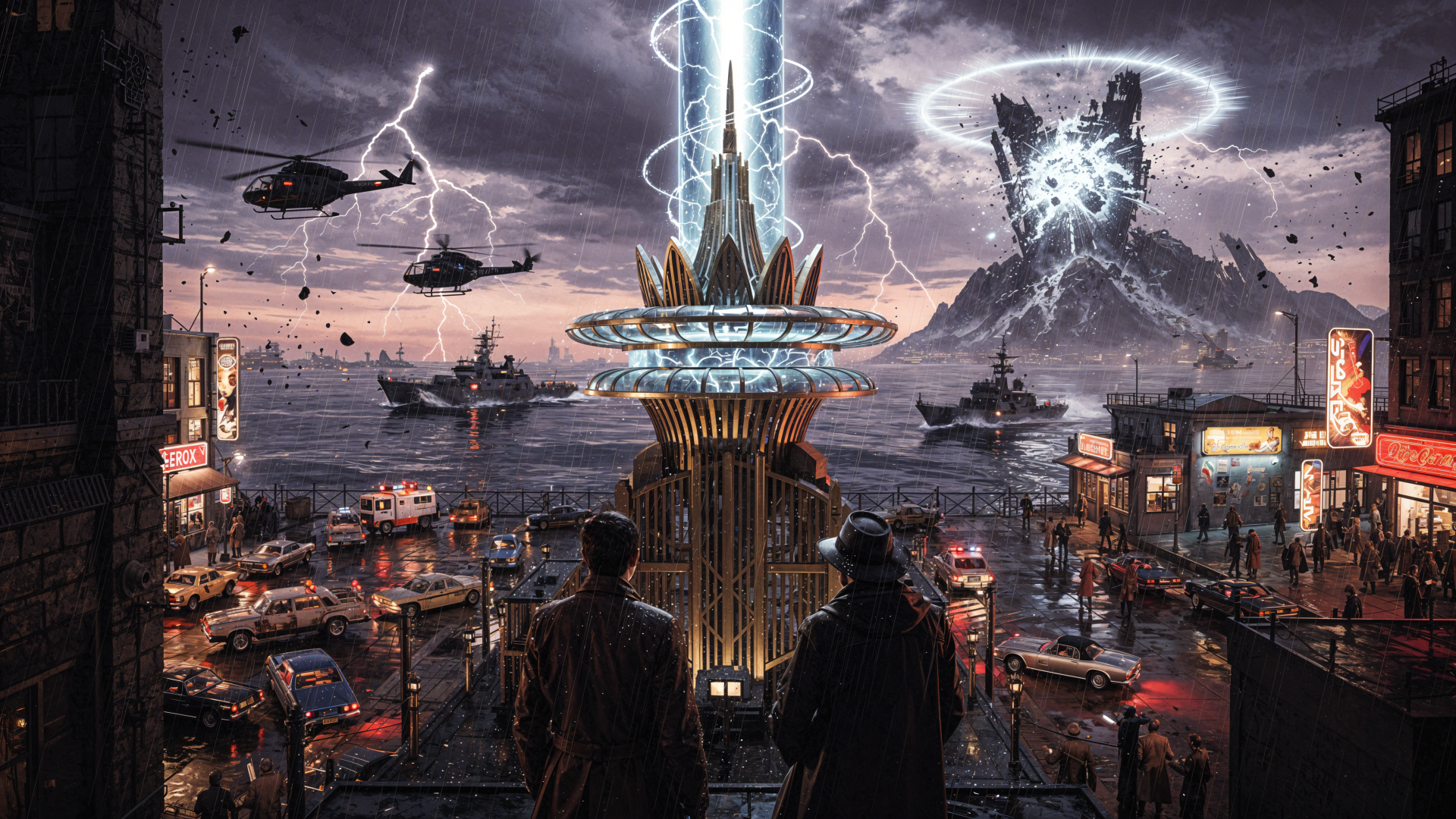 4K Ultra HD PC desktop wallpaper/background: two silhouettes watch a colossal death ray tower fire a lightning beam over a storm-lashed coastal city as helicopters and warships scramble.