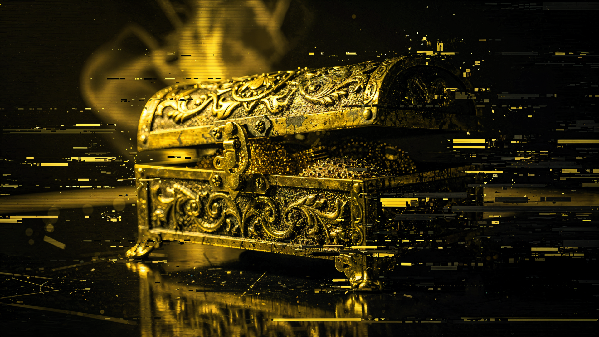 Ornate golden jewelry box emitting sparks and digital glitch fragments, reflected on a glossy surface — 4K Ultra HD PC desktop wallpaper and background.