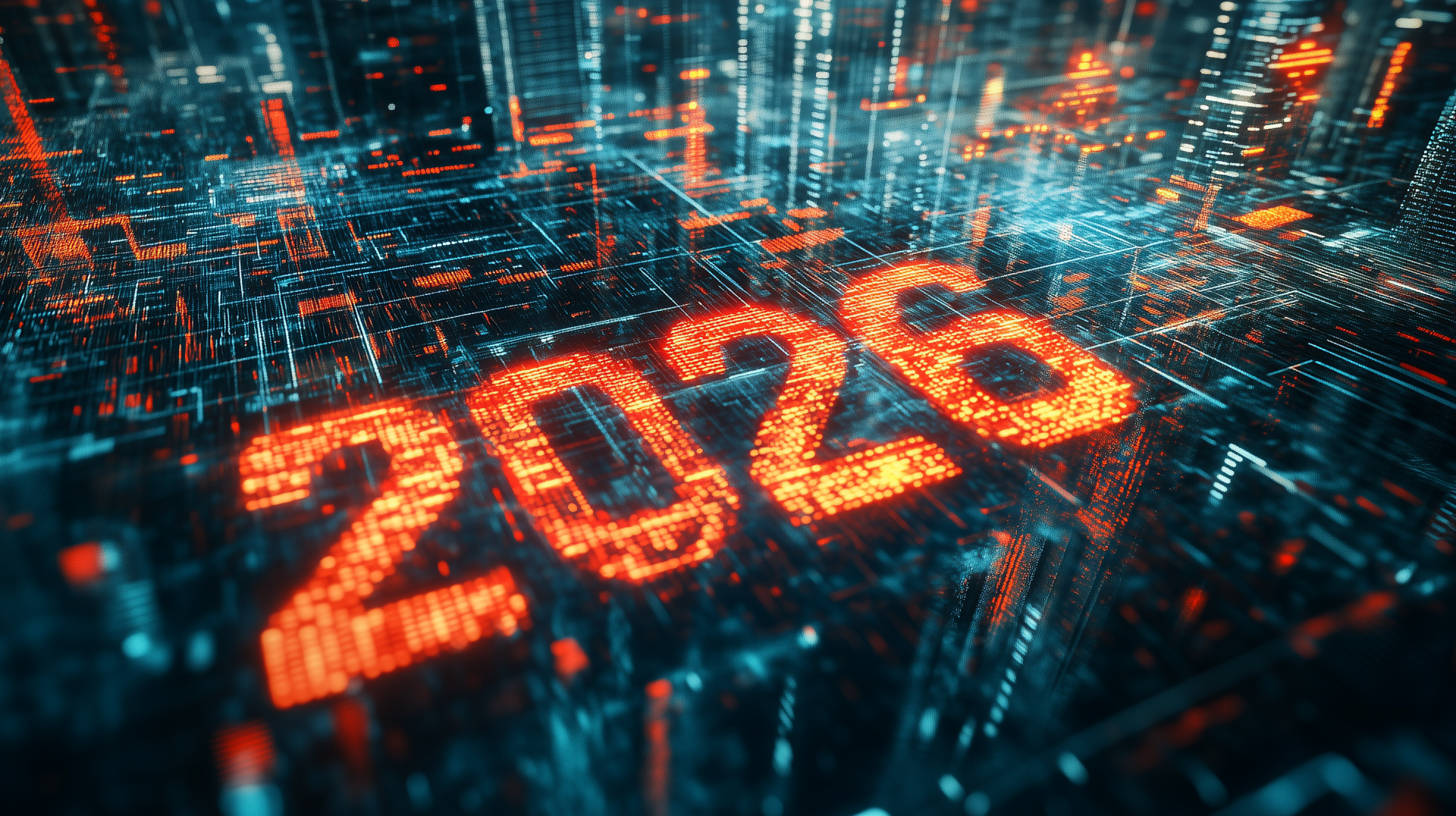 2K Quad HD PC cybernetic desktop wallpaper: glowing '2026' digits in an orange matrix grid amid teal circuit-like skyscrapers, futuristic technology design with neon data streams.