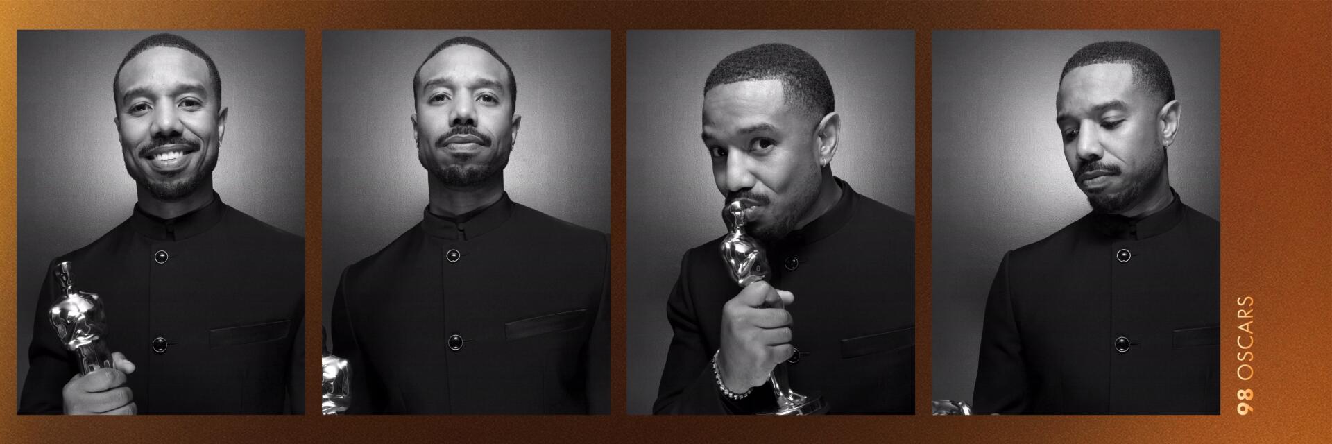 Black-and-white HD desktop wallpaper: triptych portraits of a male actor at the Academy Awards, holding and kissing an Oscar statuette.