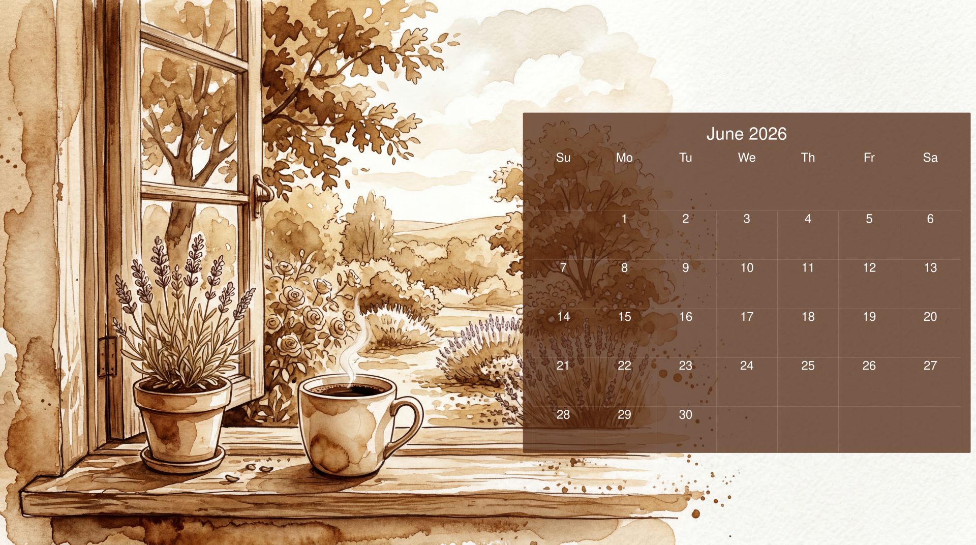 June 2026 calendar overlay on a warm sepia watercolor windowsill with potted lavender and a mug overlooking rolling countryside — 5K Ultra HD PC desktop wallpaper/background.