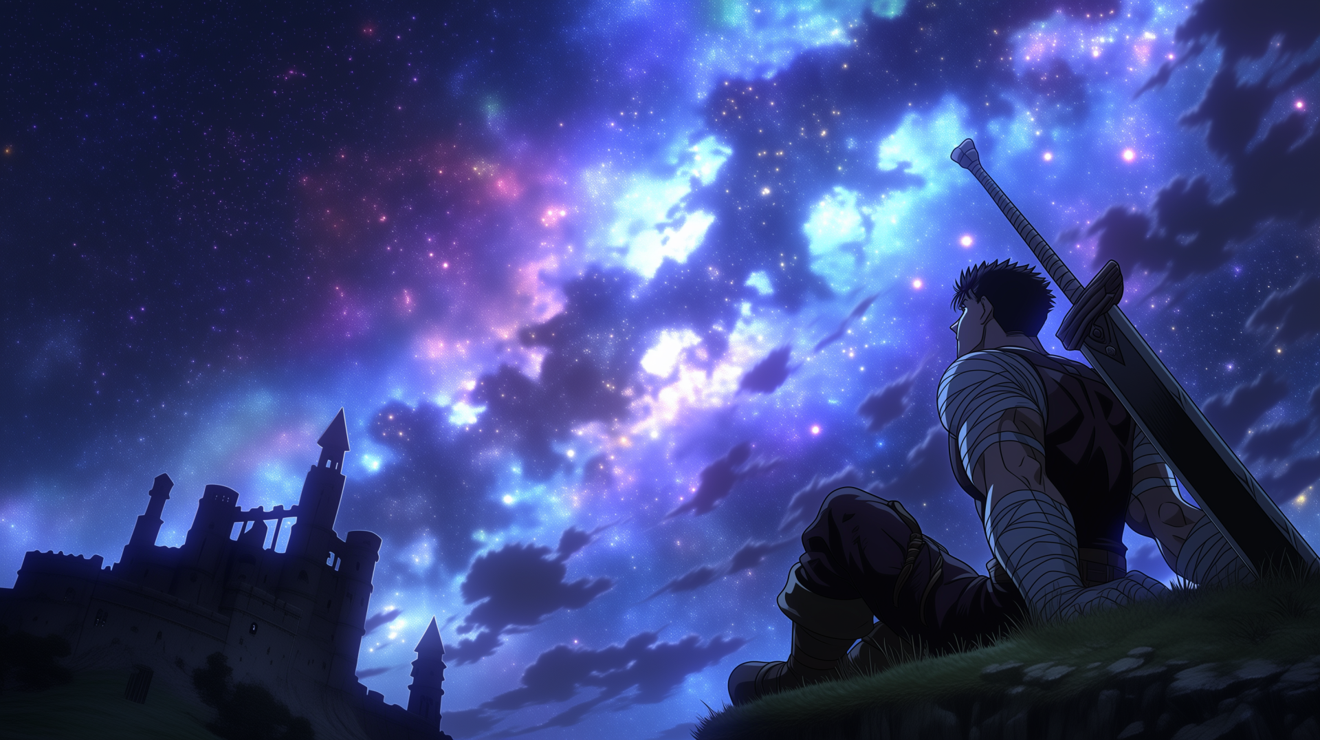 Melancholic sky anime scene: Guts (Berserk) sits with his greatsword under a vivid, star-filled nebula — 2K Quad HD PC desktop wallpaper background.