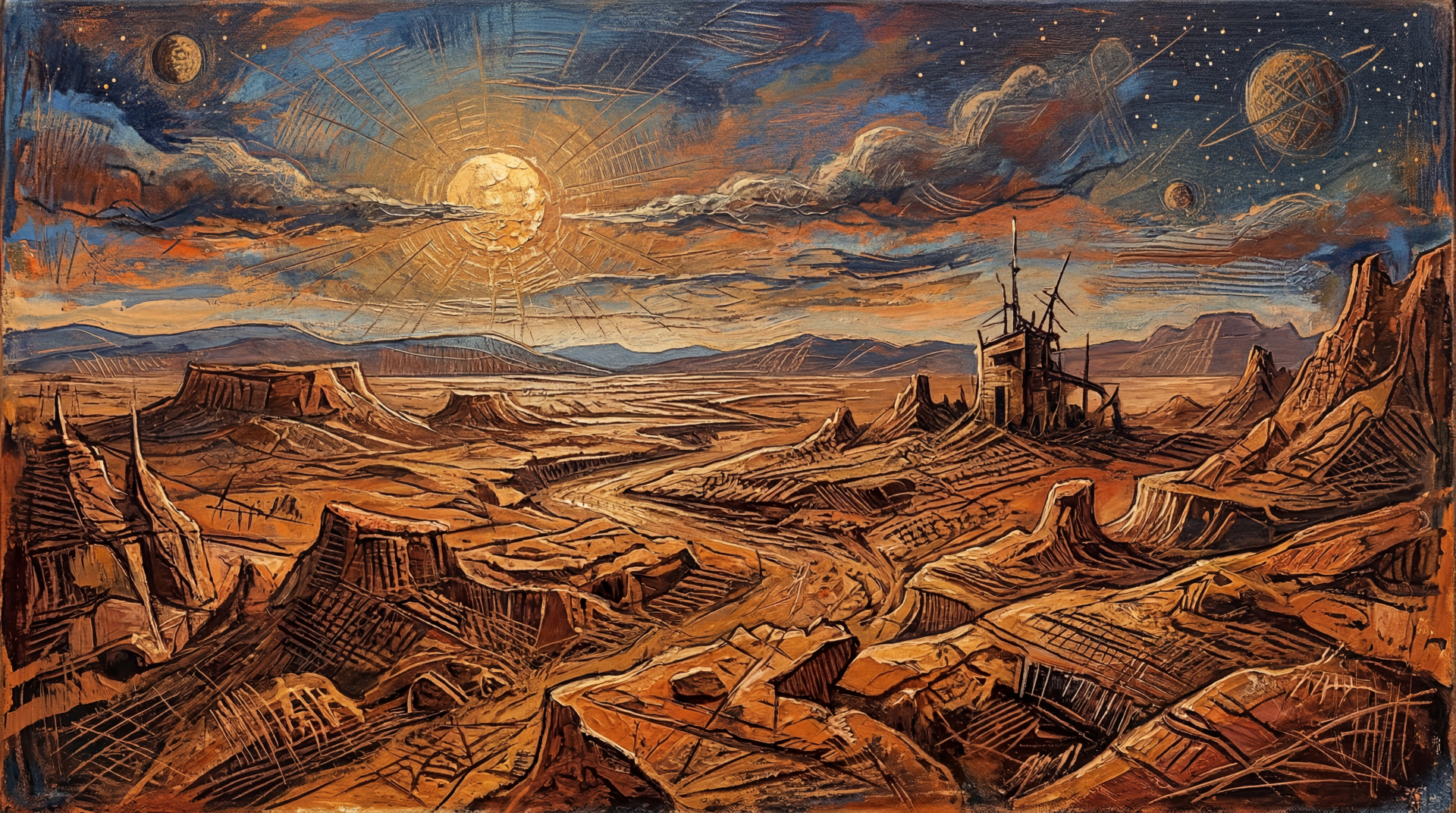 5K Ultra HD PC desktop wallpaper and background: panoramic desert planet at sunset with rocky mesas, ruined outpost, twin moons and a starry, textured sky.