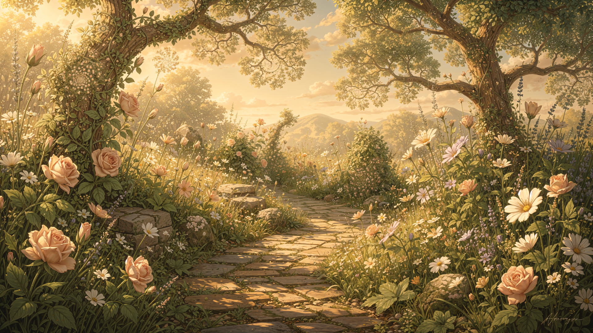 Cottagecore garden path lined with roses and wildflowers under golden light, presented as a 4K Ultra HD PC desktop wallpaper and background.