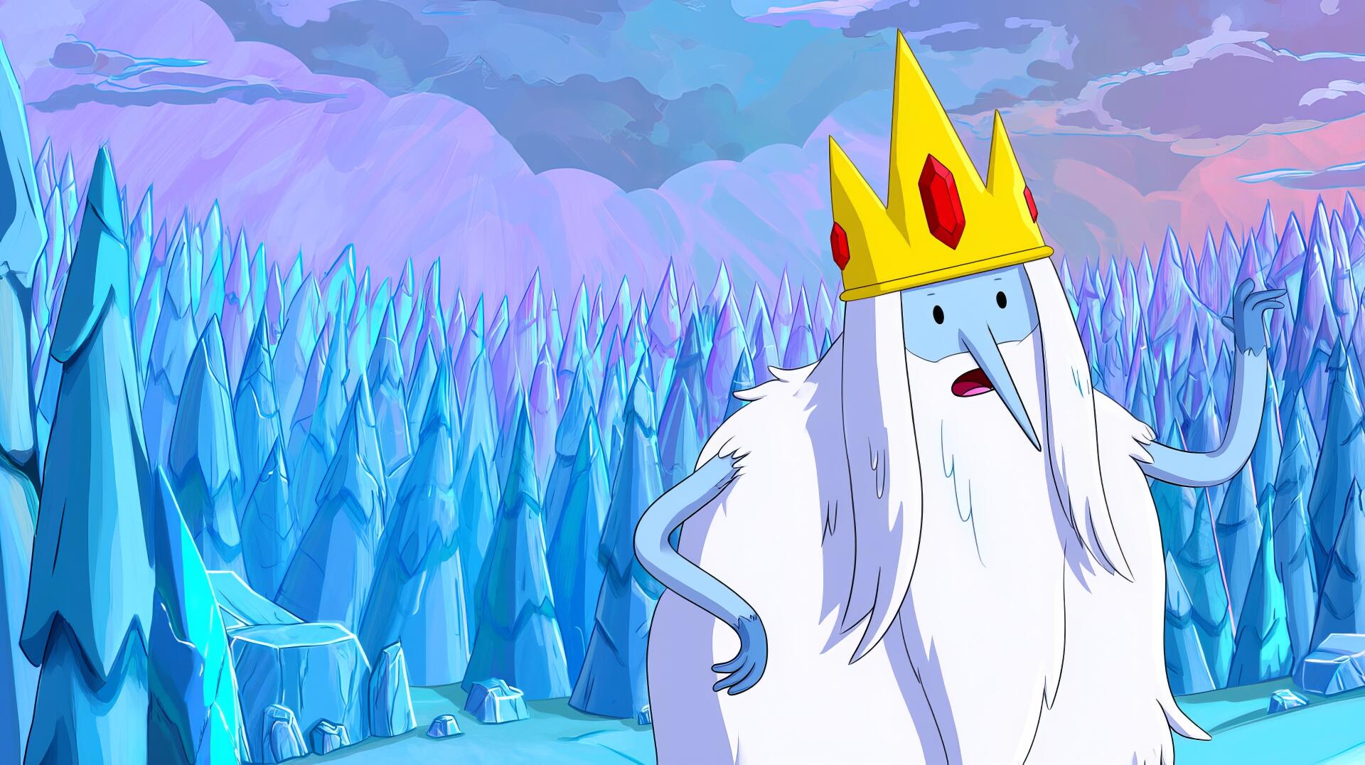 2K Quad HD PC desktop wallpaper background: Ice King from Adventure Time (TV show) stands in a spiky ice landscape, long white beard, gold crown with red gem, pastel sky.