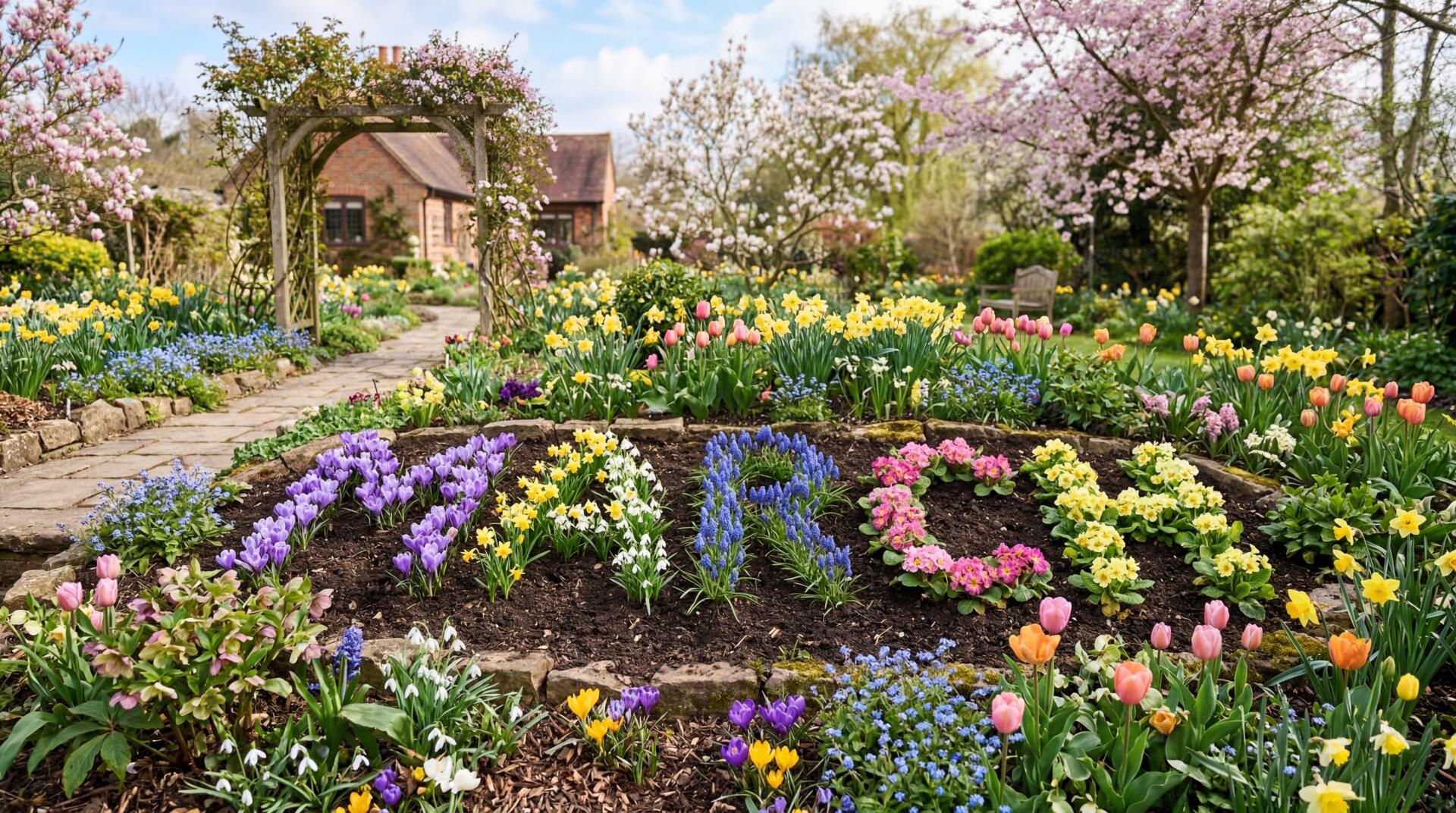 5K Ultra HD PC desktop wallpaper: sunlit spring garden with a circular flowerbed spelling MARCH in colorful tulips, crocuses and blossoms, stone paths and a cottage beyond.