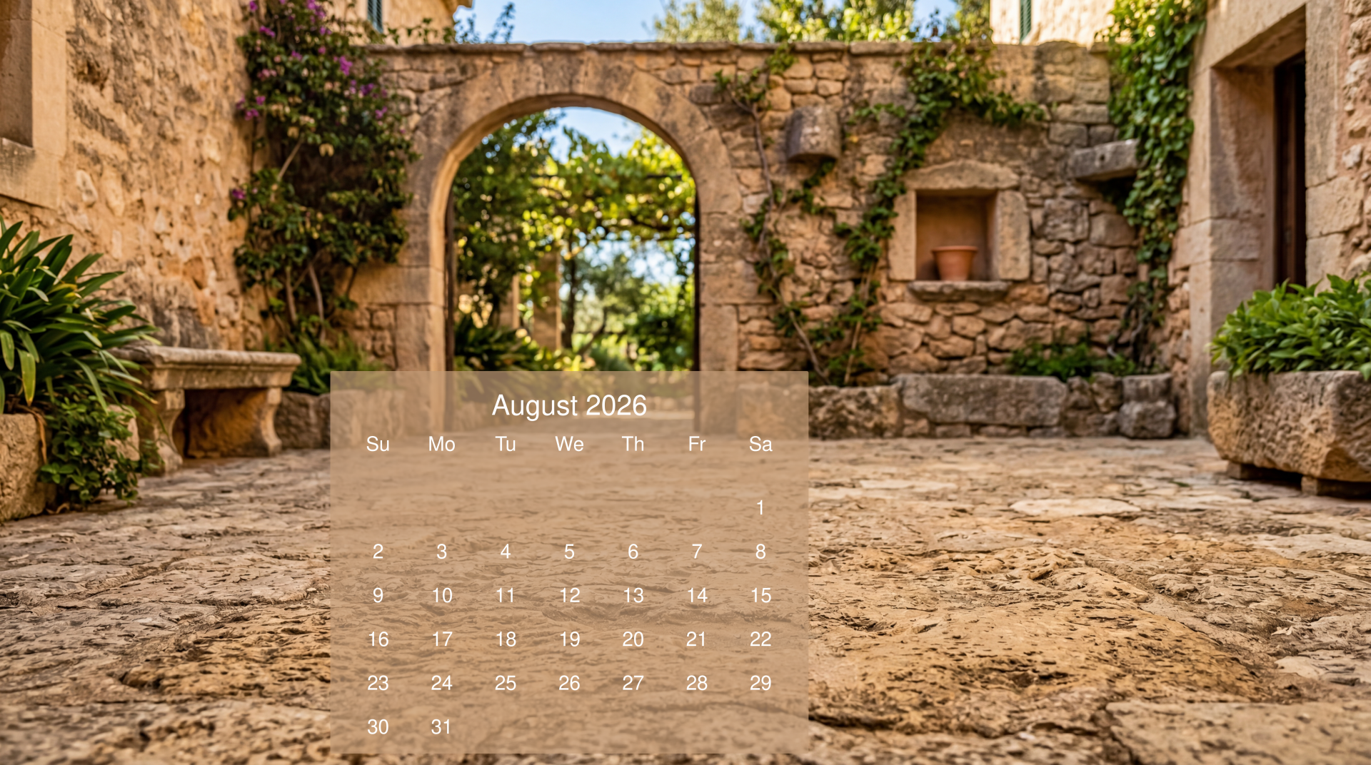 August 2026 calendar over a sunlit stone courtyard with archway and greenery — 5K Ultra HD PC desktop wallpaper and background.