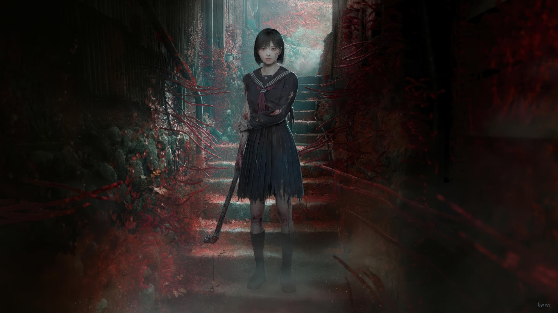 Silent Hill F — 4K Ultra HD PC desktop wallpaper of a lone girl in a school uniform holding a bat on misty, blood-streaked steps in a decaying alley.