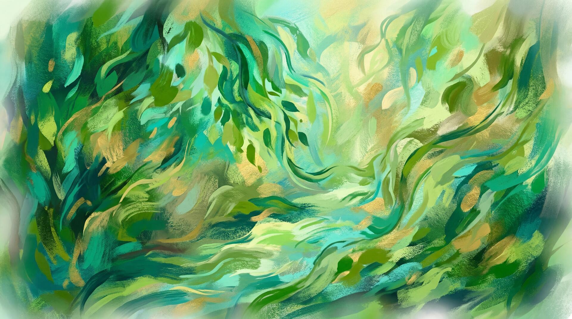 Abstract green swirls and leaf-like forms in flowing brushstrokes, vibrant 5K Ultra HD PC desktop wallpaper background.