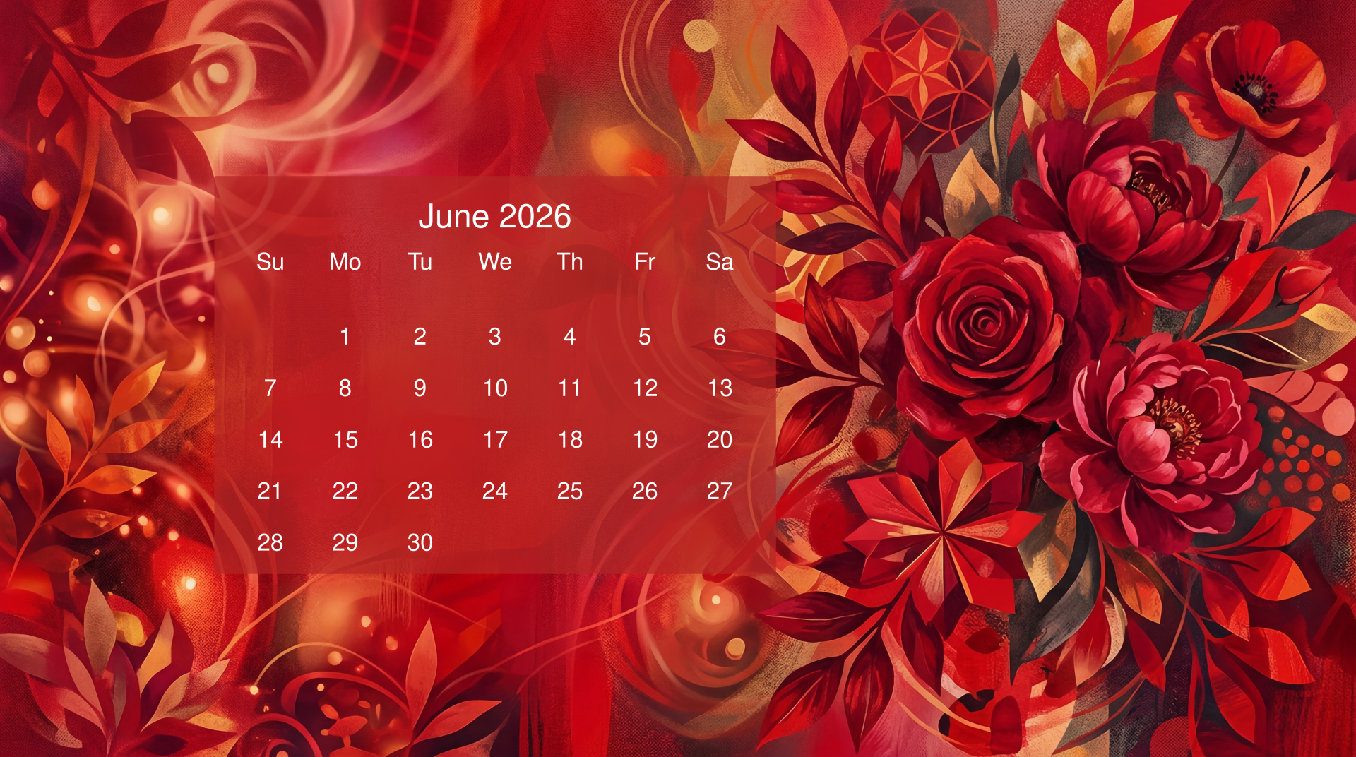 June 2026 calendar on a red rose and leafy pattern — 5K Ultra HD PC desktop wallpaper and background.