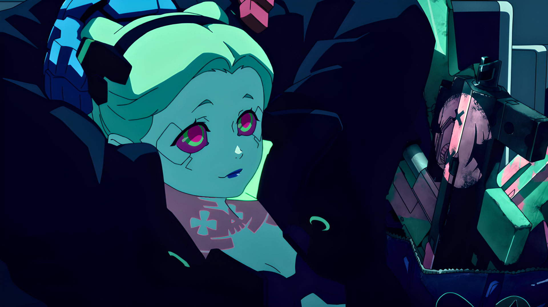 Rebecca from Cyberpunk: Edgerunners — neon-lit anime girl with mint hair and pink eyes, reclining amid cyberpunk tech and neon glow; 4K Ultra HD PC desktop wallpaper and background.