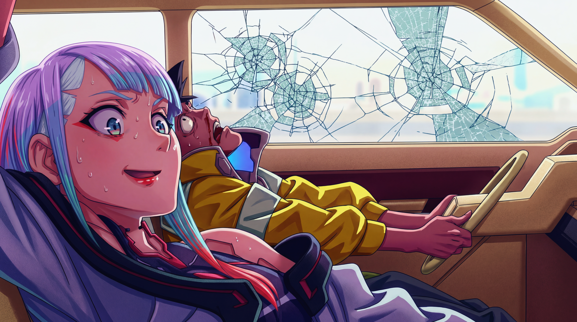 Cyberpunk: Edgerunners anime 5K Ultra HD PC desktop wallpaper — Lucy grins in the passenger seat while David slumps at the wheel after a crashout; shattered car window and neon palette.