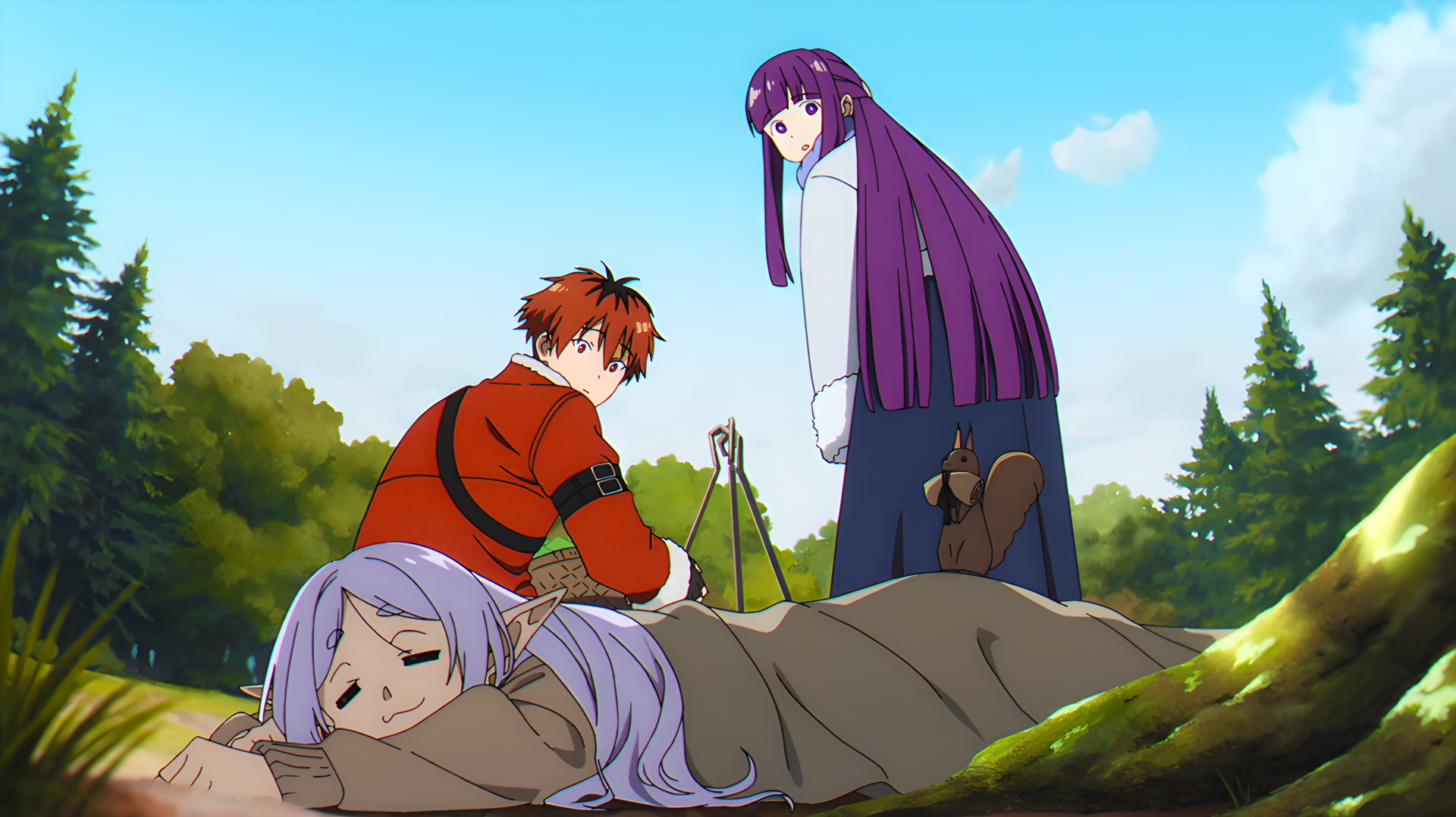 4K Ultra HD PC desktop wallpaper from the anime Frieren: Beyond Journey's End — Frieren asleep in the foreground, Stark kneeling and Fern standing in a sunlit forest.